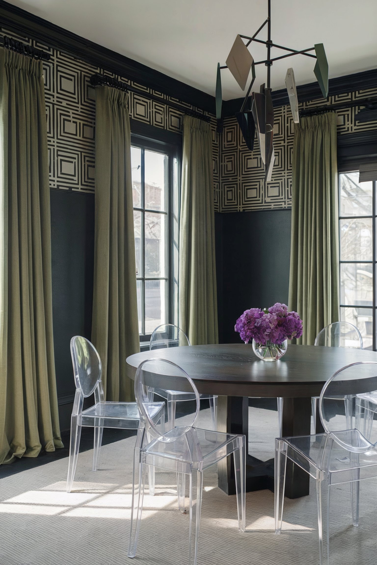 boho glam dining room decor transparent acrylic chairs dark walls