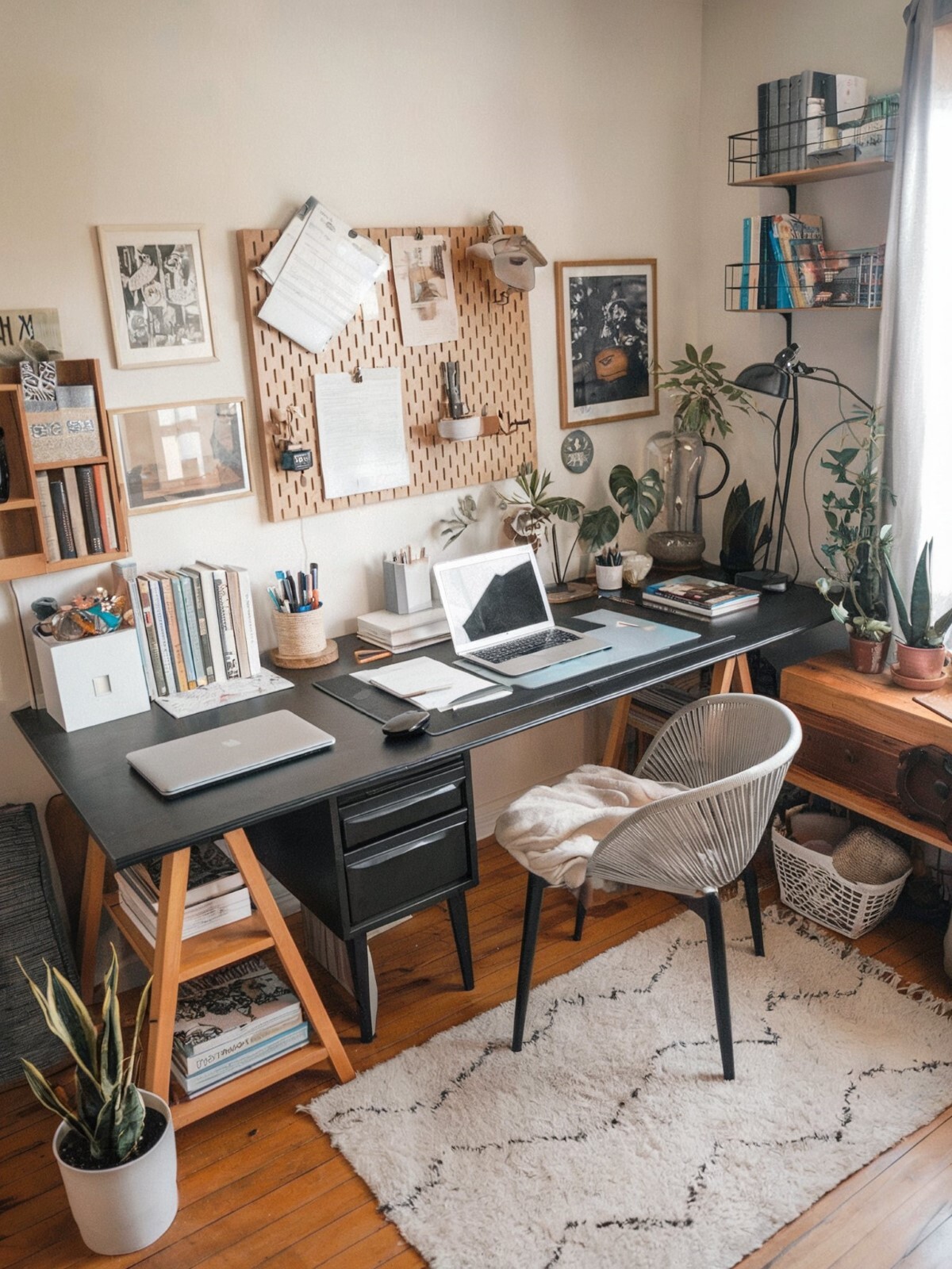 boho home office black desk black wooden desk with overall warm and inviting ambiance