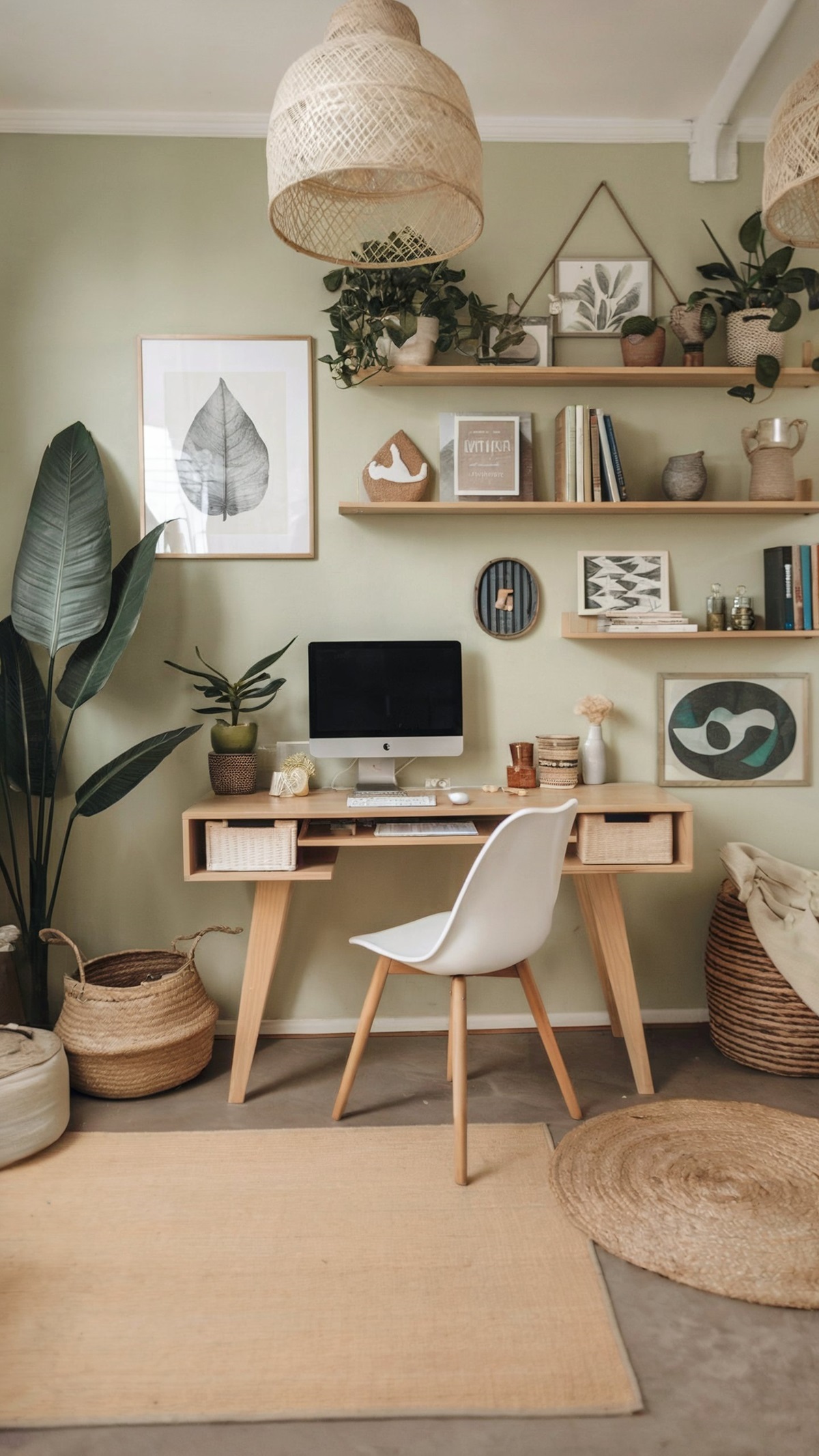 boho home office green room with light green wall featuring plants
