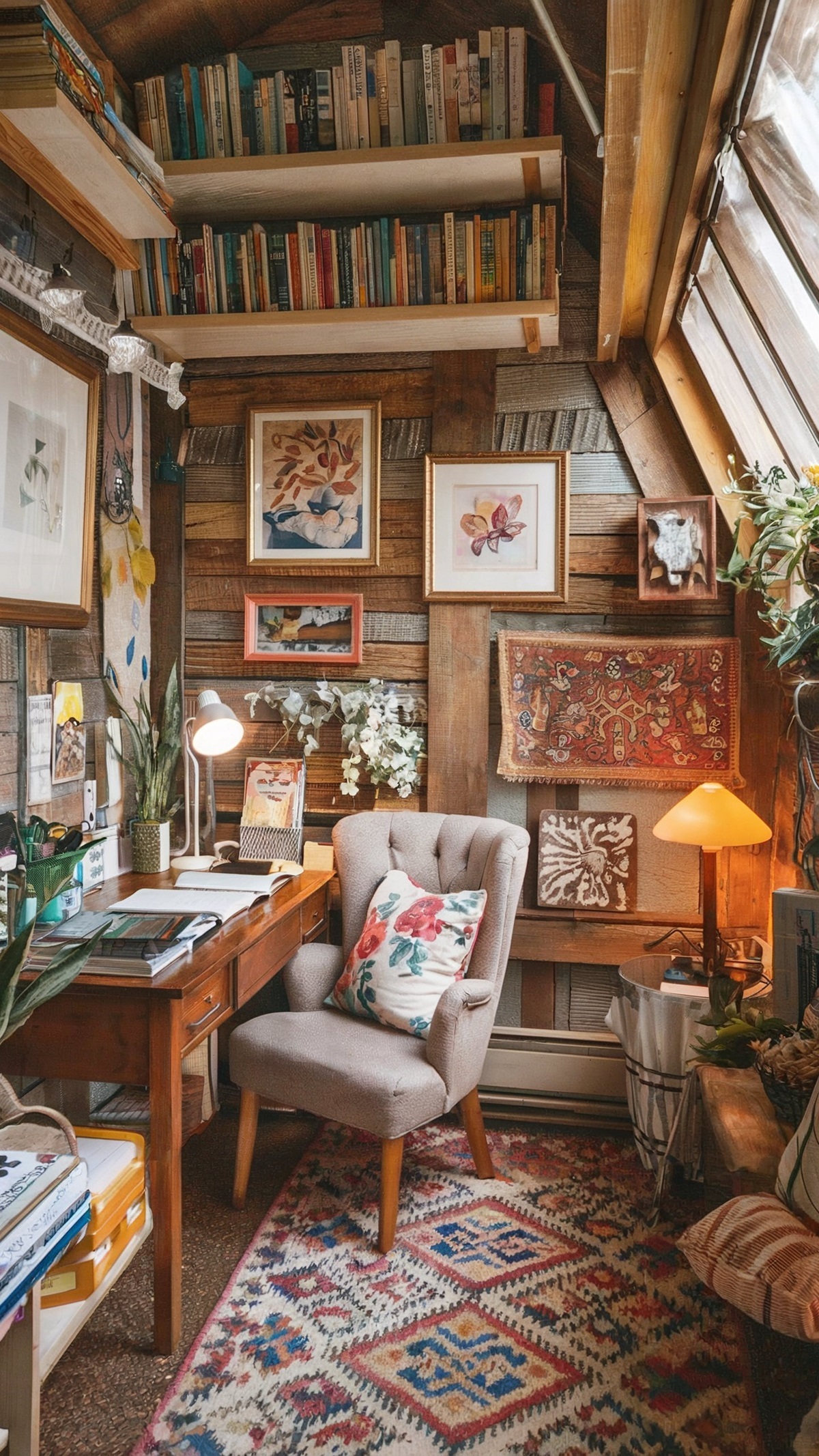 boho home office library cozy reading nook with rustic wooden walls