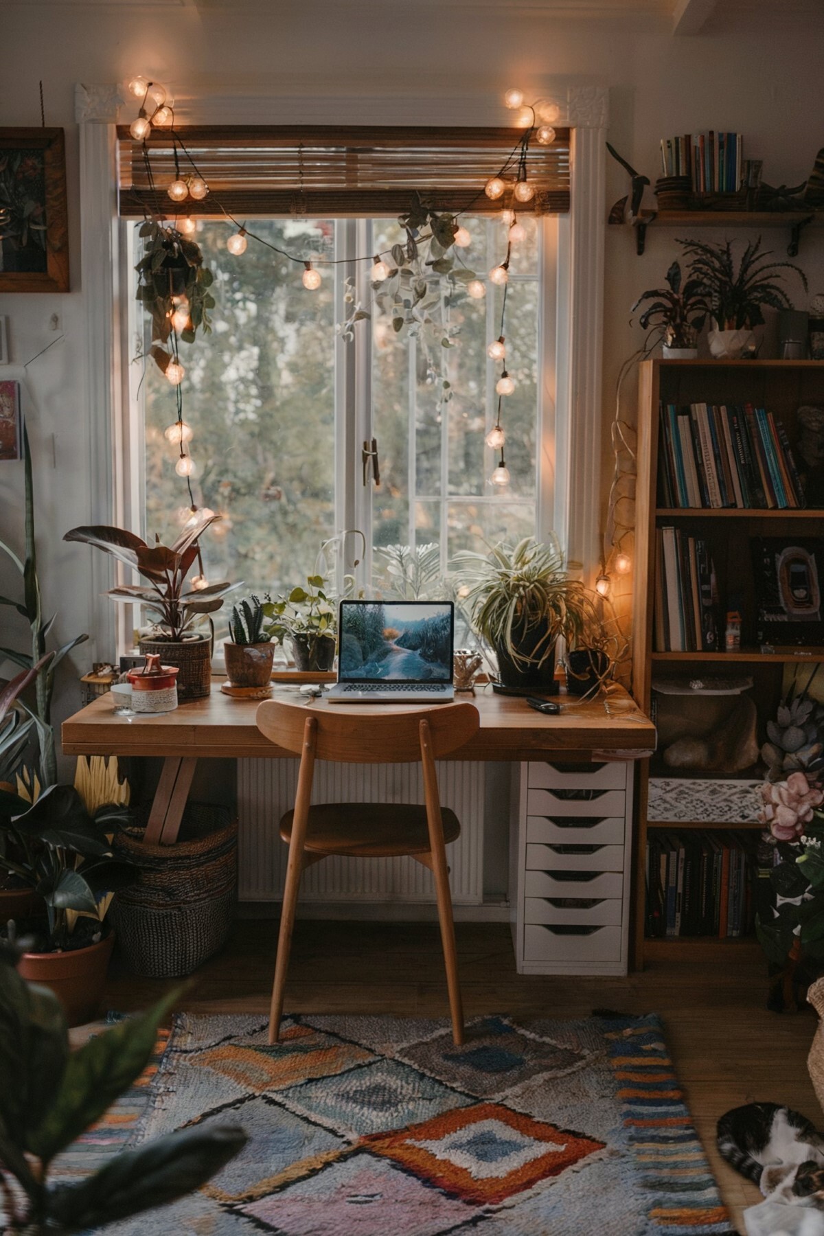 boho home office lighting room with string lights and fairy bulbs illuminating the space