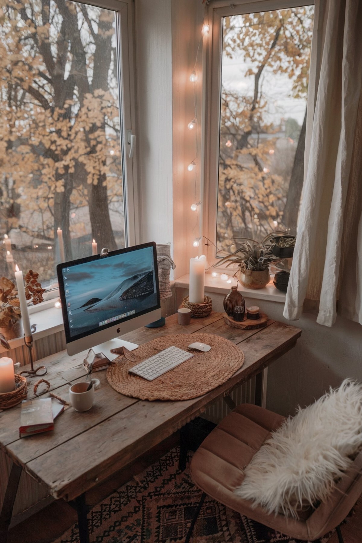 boho home office small spaces cozy workspace by a window with a rustic wooden desk