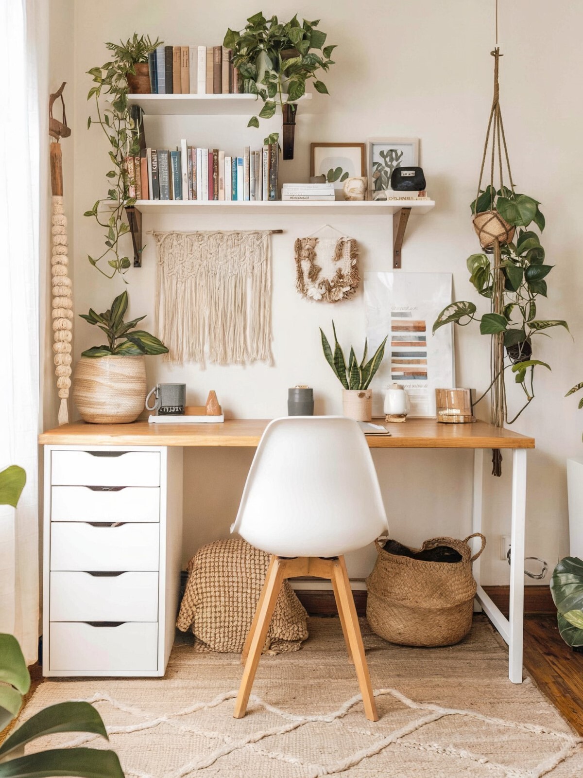 boho home office white desk warm and inviting modern ambiance, white chair, floor covered with textured beige rug