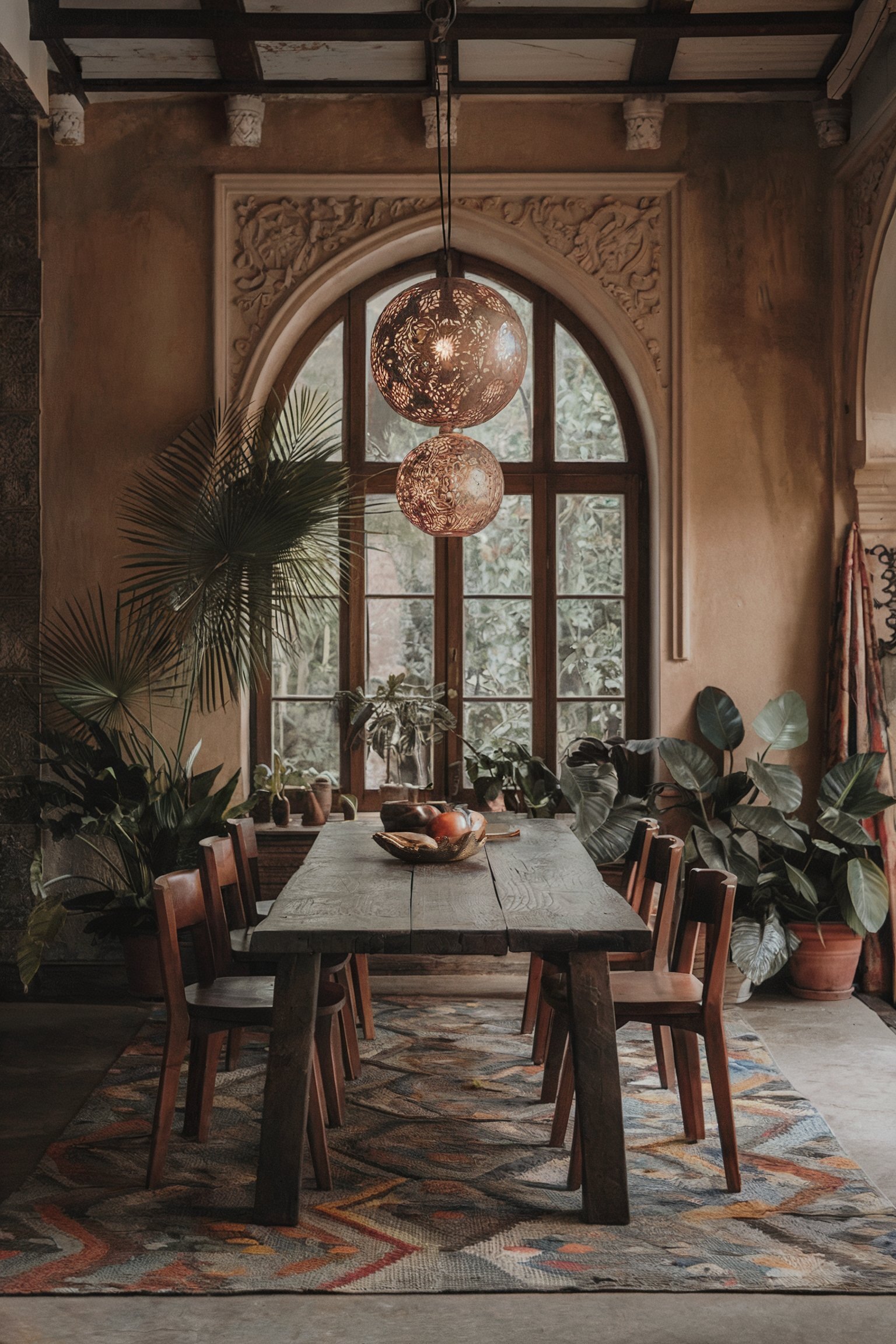 boho industrial decor dining room warm glow greenery ornate carvings