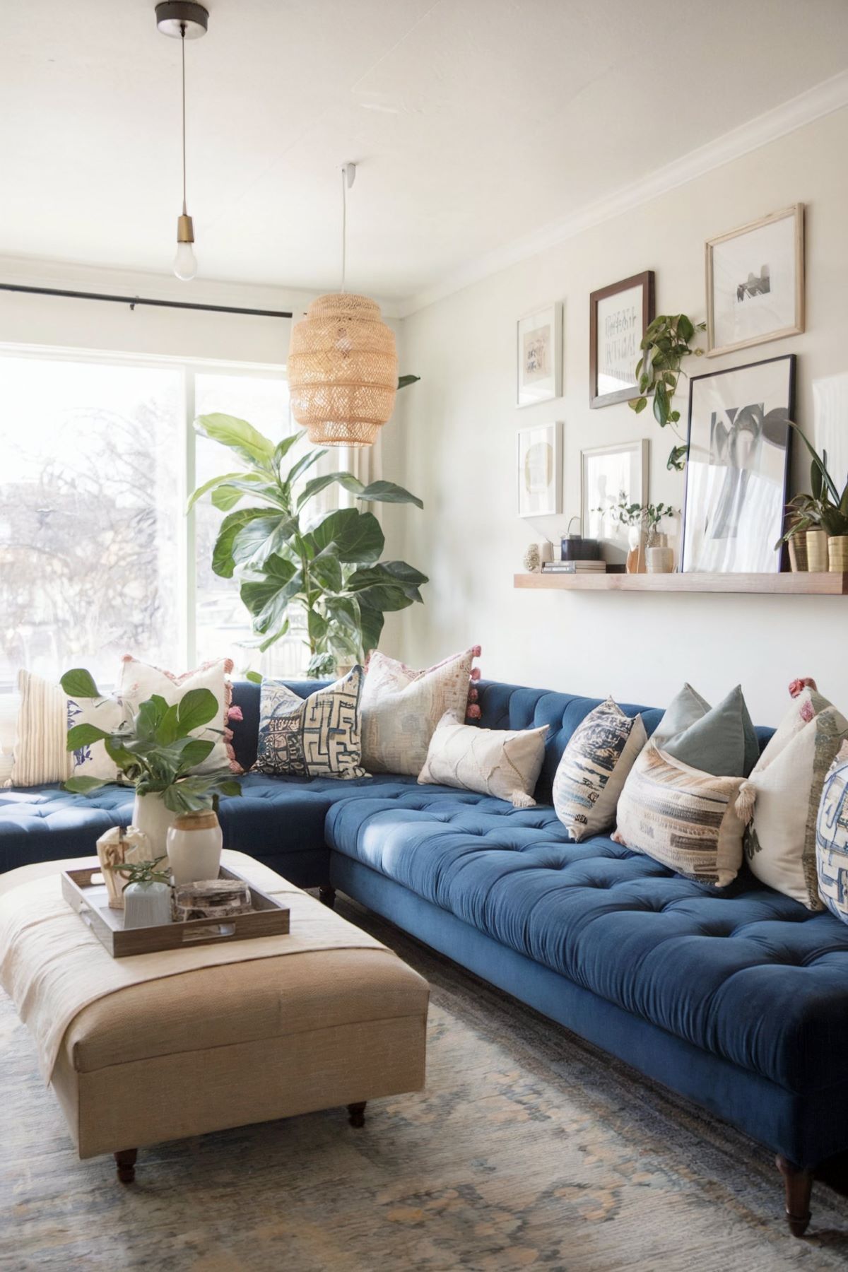 boho living room decor blue couch