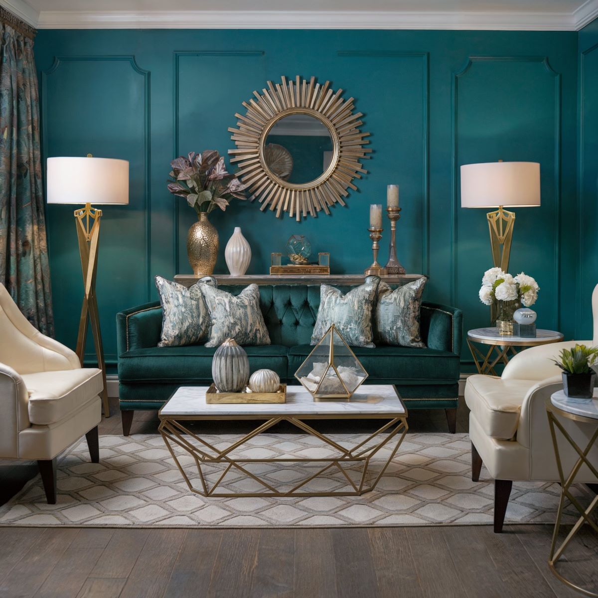 boho living room decor emerald green sofa