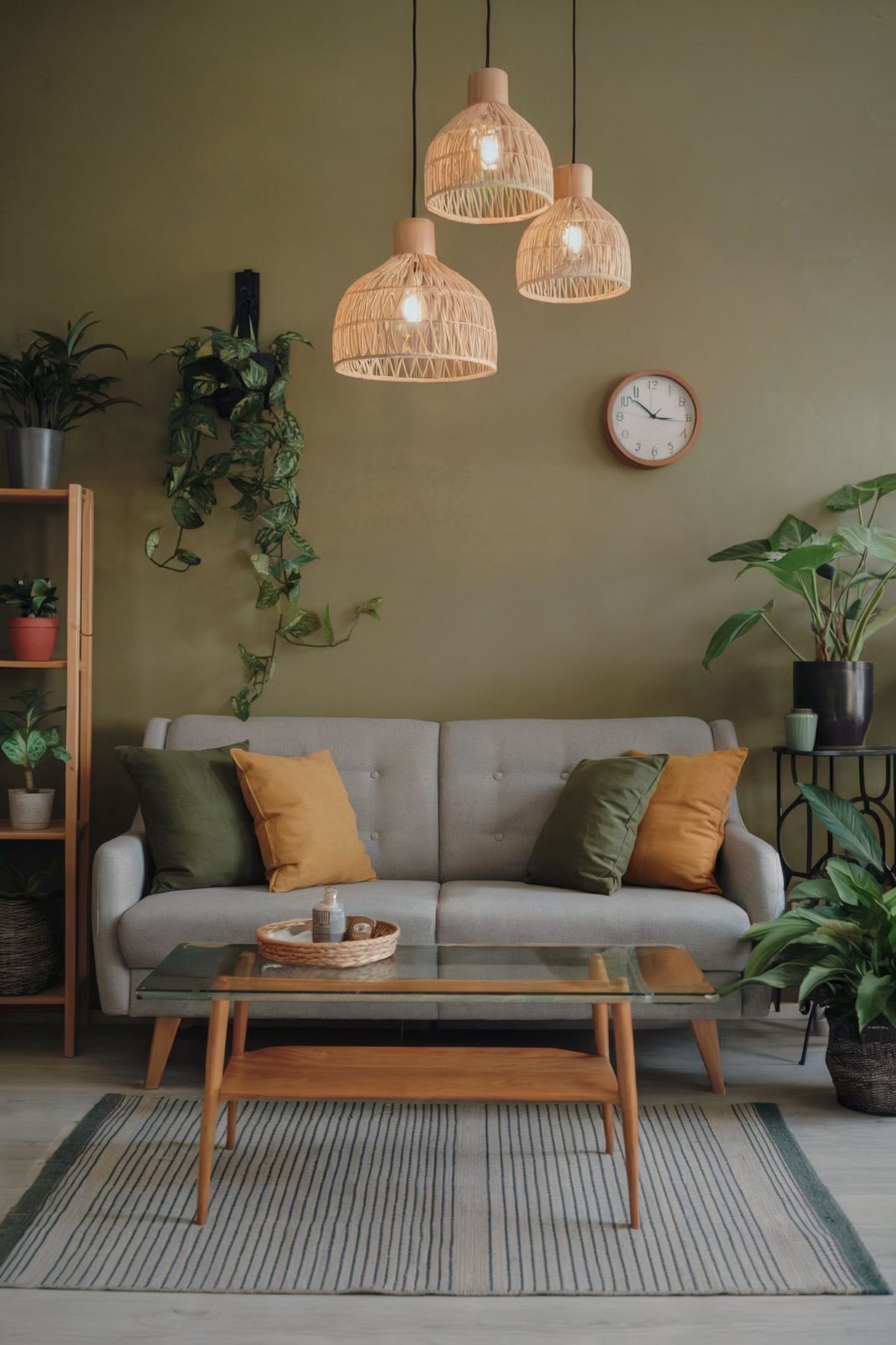 boho living room decor green wall