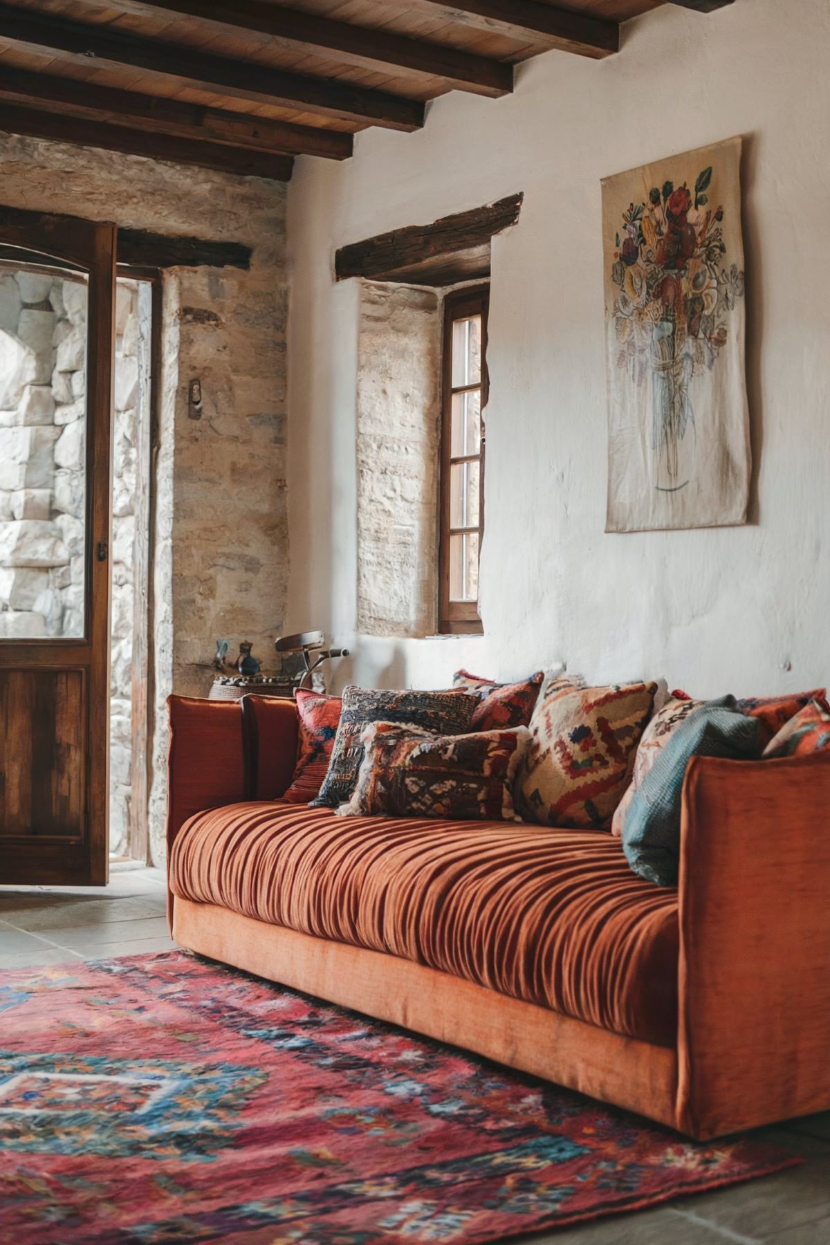 boho living room decor orange couch