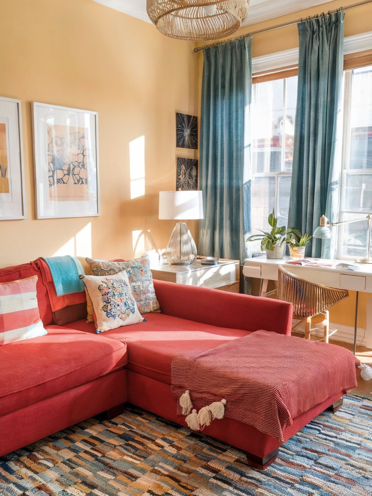 boho living room decor red couch