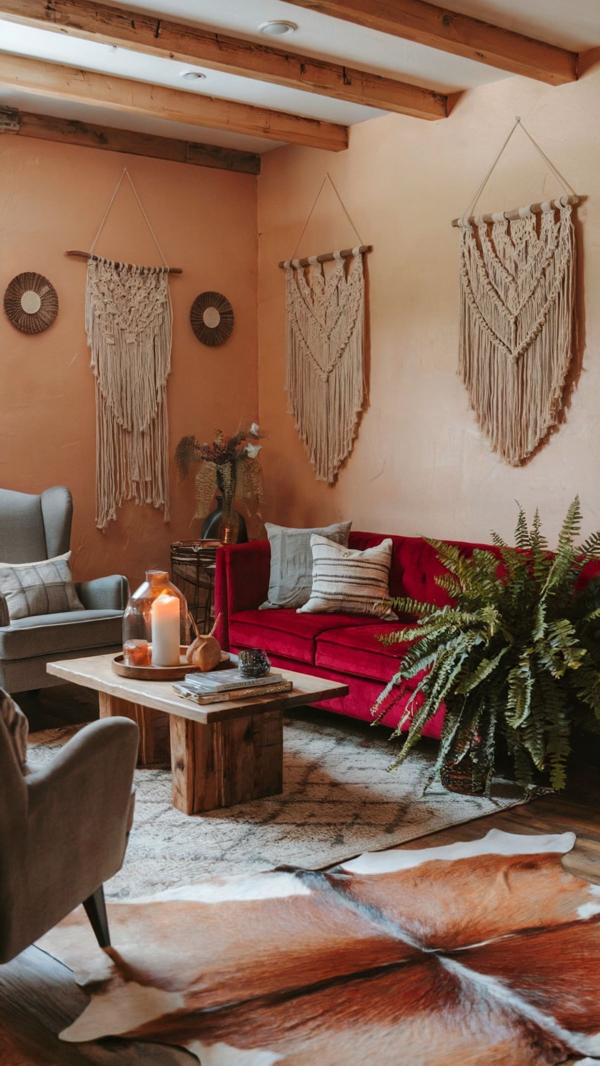 boho living room decor red