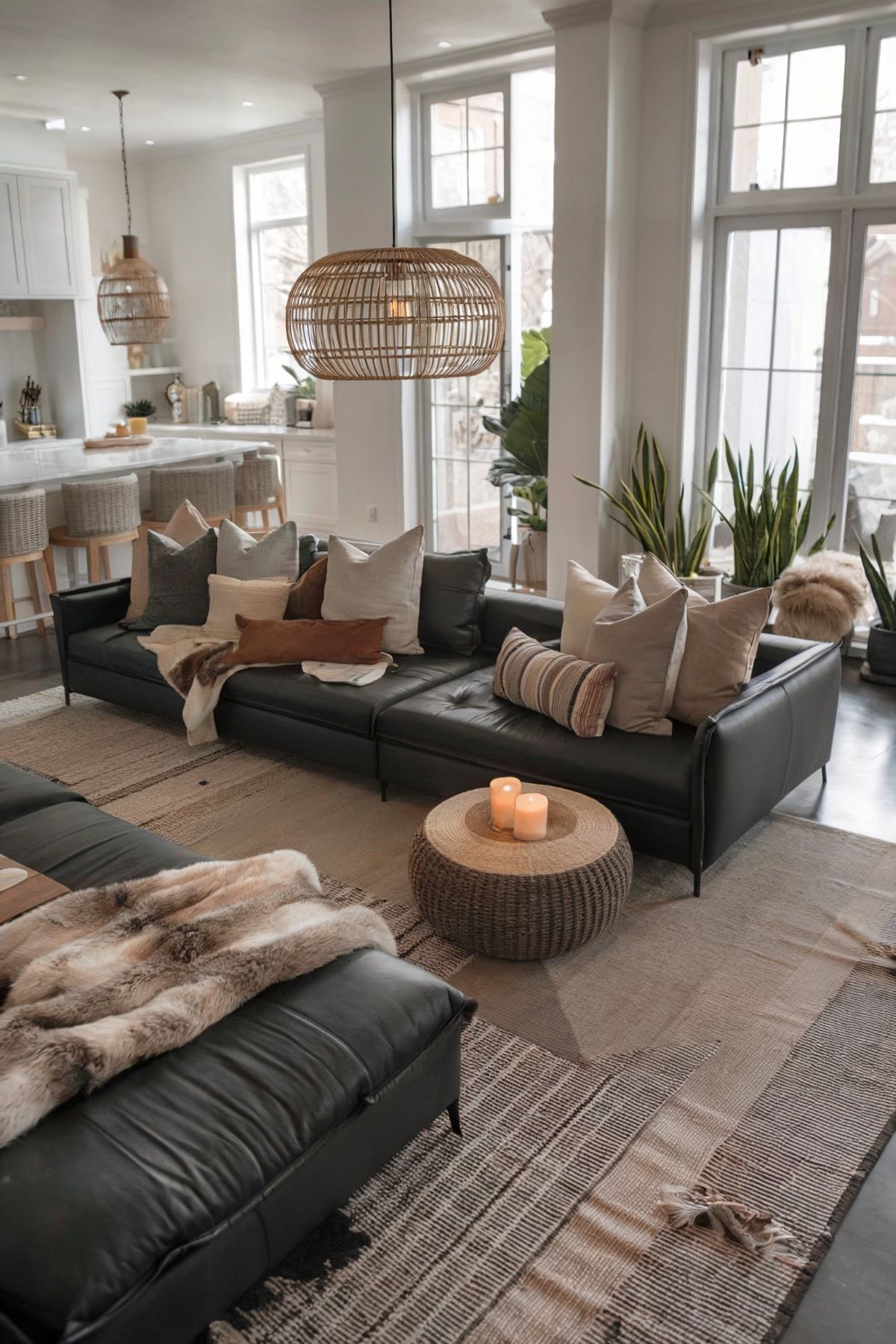 boho living room decor with kitchen