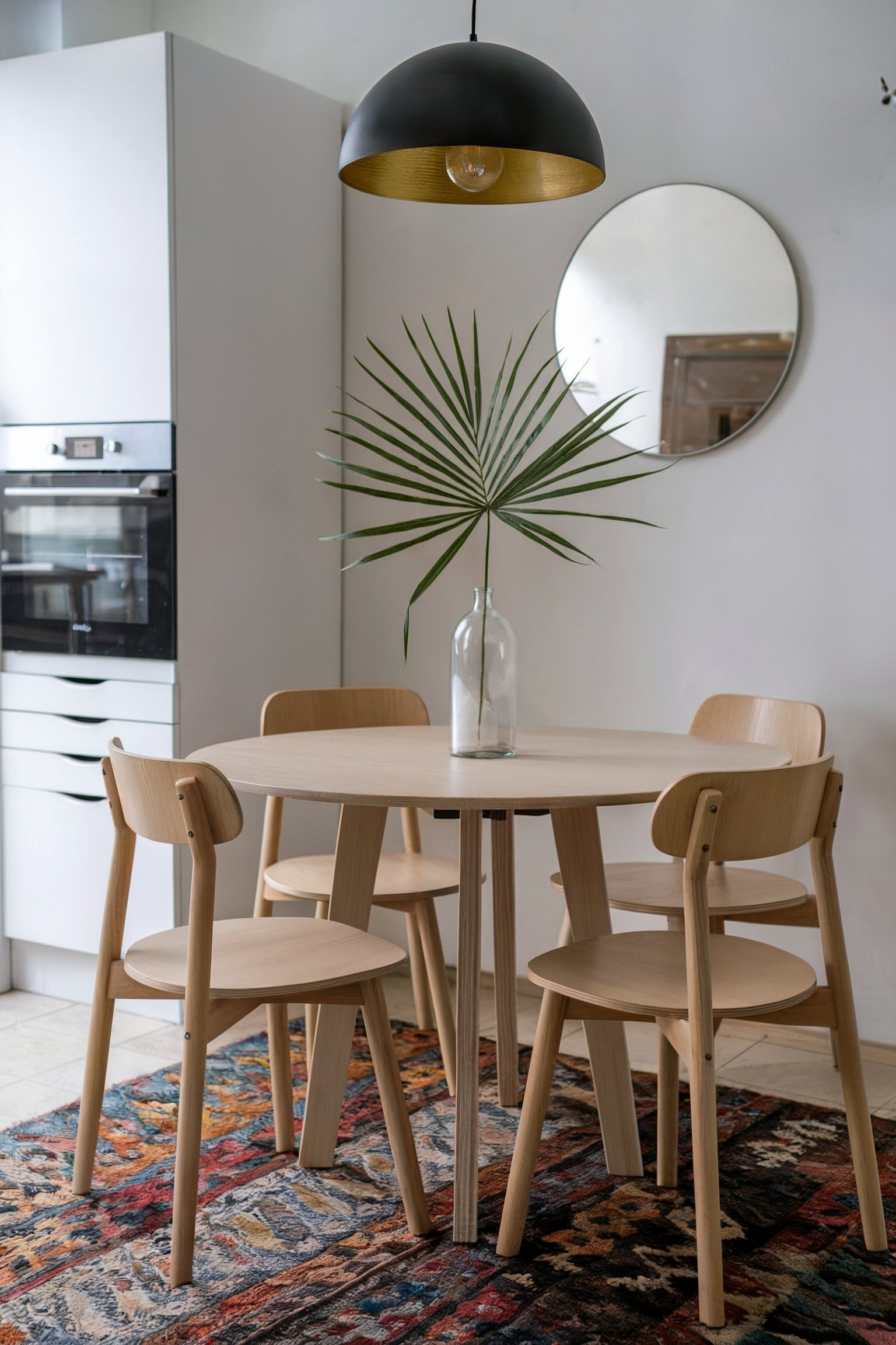 boho mid century dining room decor multicolored carpet cream wooden chairs