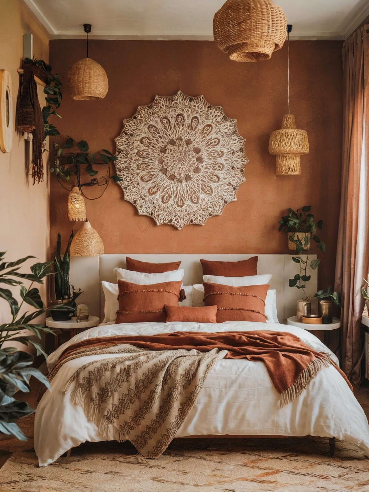 boho small master room bedroom ideas bedroom with warm color palette decorated with woven pendant lights