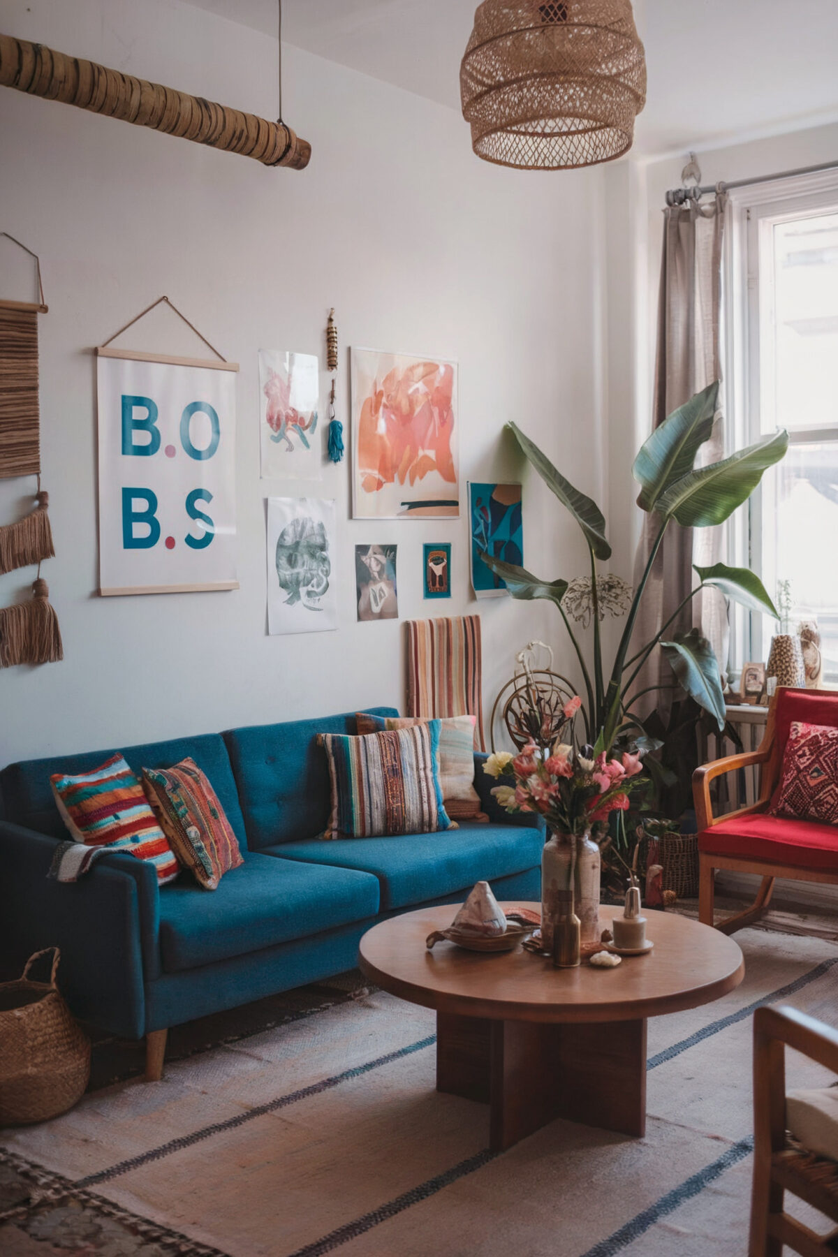 bold eclectic living room decor various colors blue couch