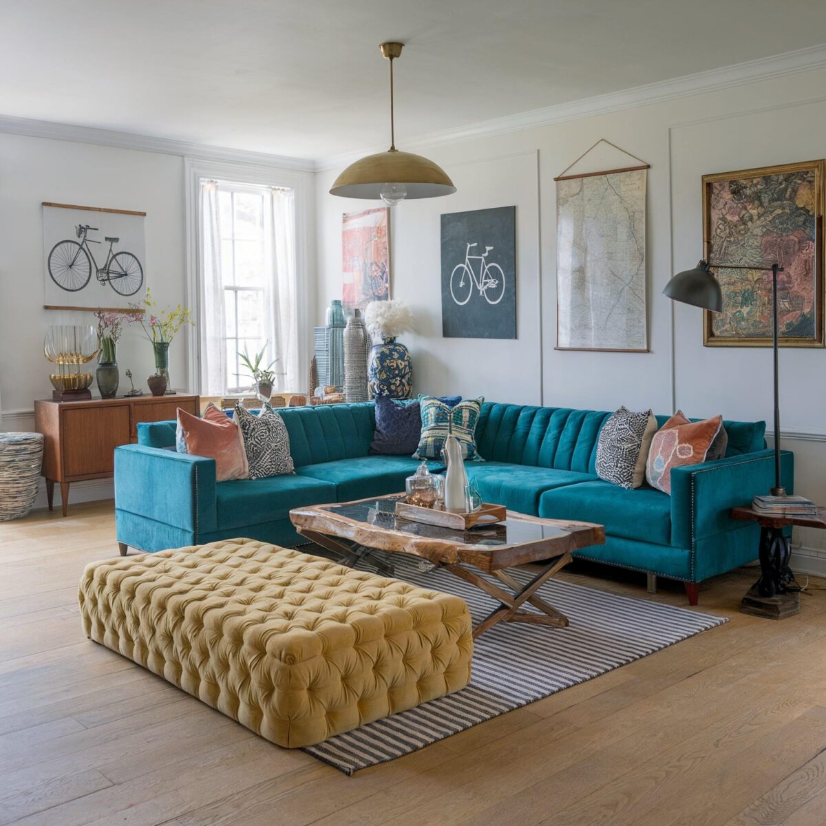 bold eclectic living room decor various colors textures blue couch