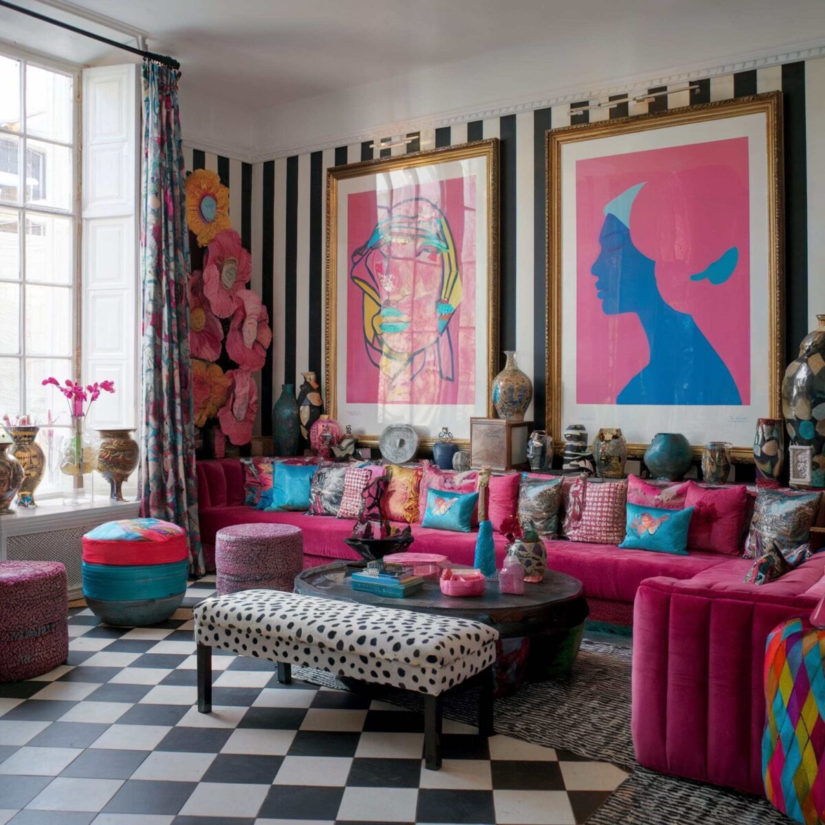 bold eclectic living room decor vibrant colors pink theme