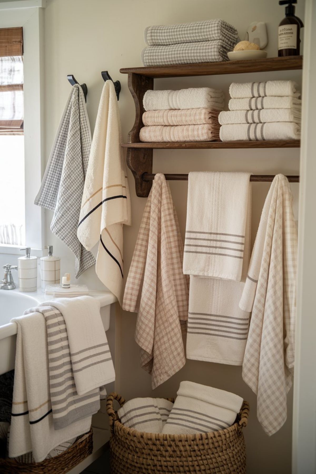 charming farmhouse bathroom with a variety of towels