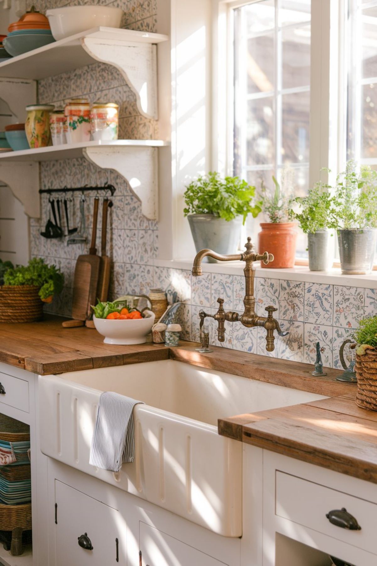 charming farmhouse kitchen with a large, vintage apron front sink