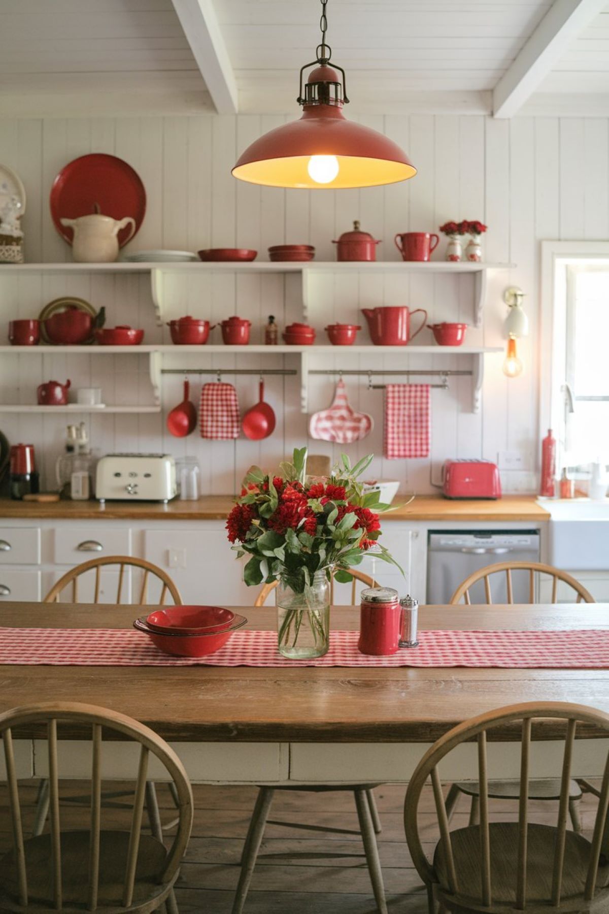 charming farmhouse kitchen with decor items of red accent