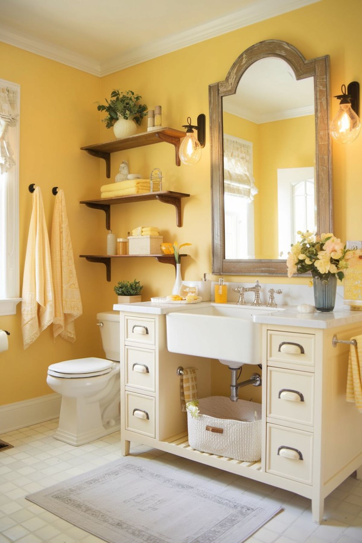 cheerful farmhouse bathroom decorated with yellow tones