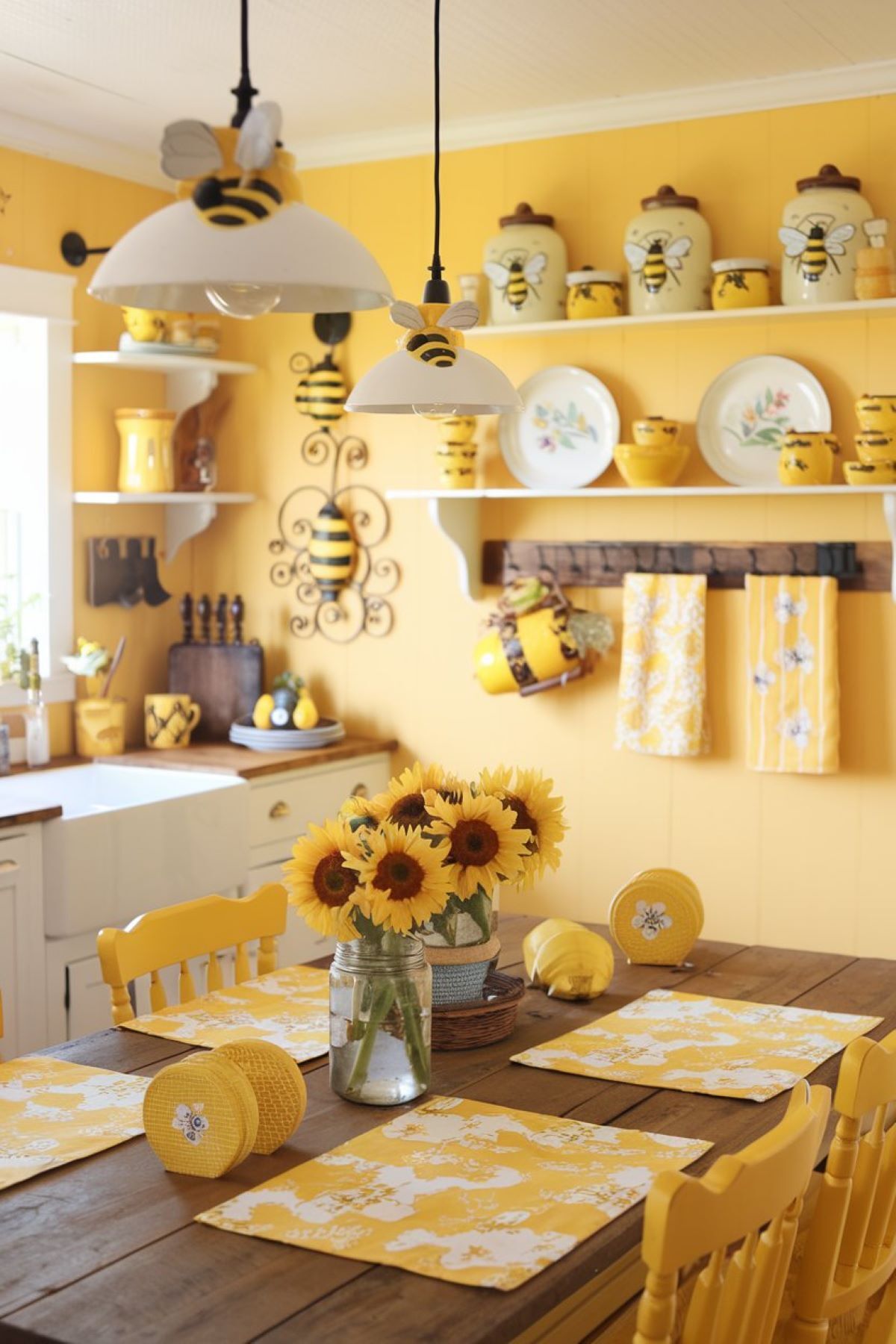 cheerful farmhouse kitchen adorned with bright yellow accents inspired by a bee theme