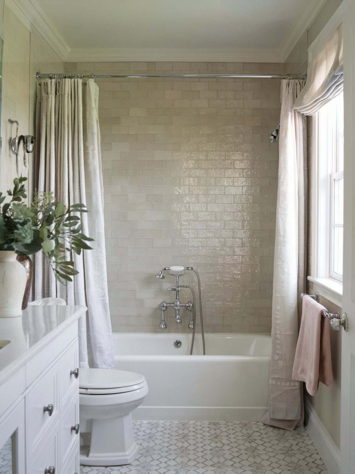 coastal decor bathroom traditional with a light colored curtain