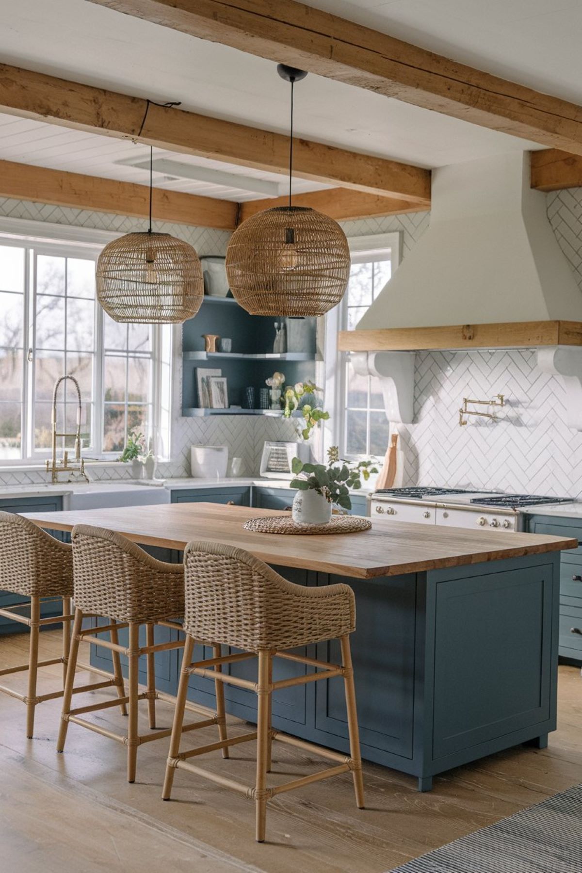 coastal farmhouse kitchen decor with an island in centre