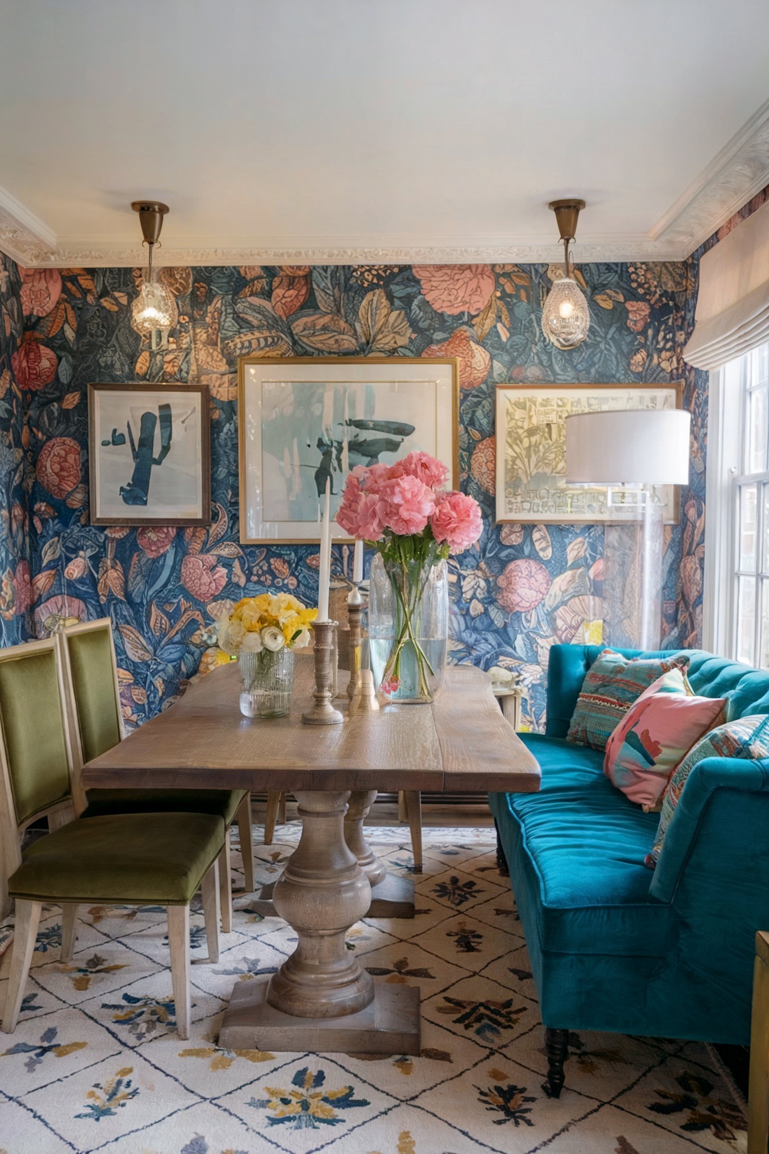 colorful boho dining room ideas elegantly designed with blue pink and green
