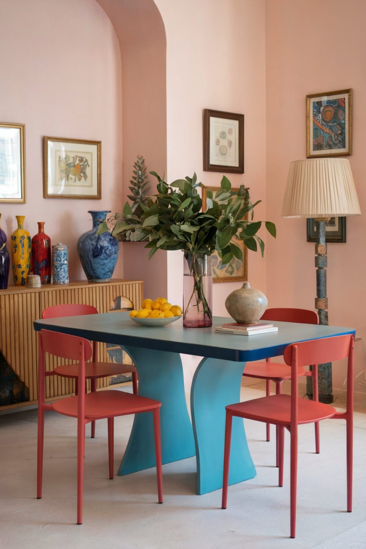 colorful eclectic decor dining room red chairs blue table teal colors blue table red chairs