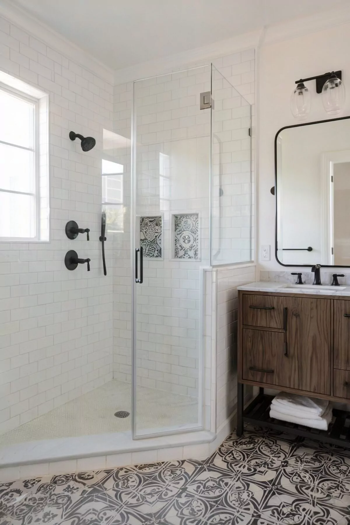 corner bathroom vanity ideas farmhouse with a predominantly white theme