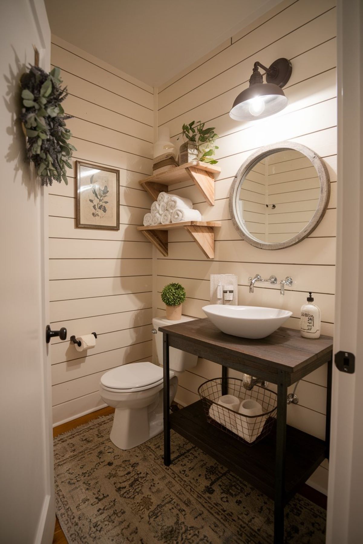 cozy and inviting farmhouse style powder room