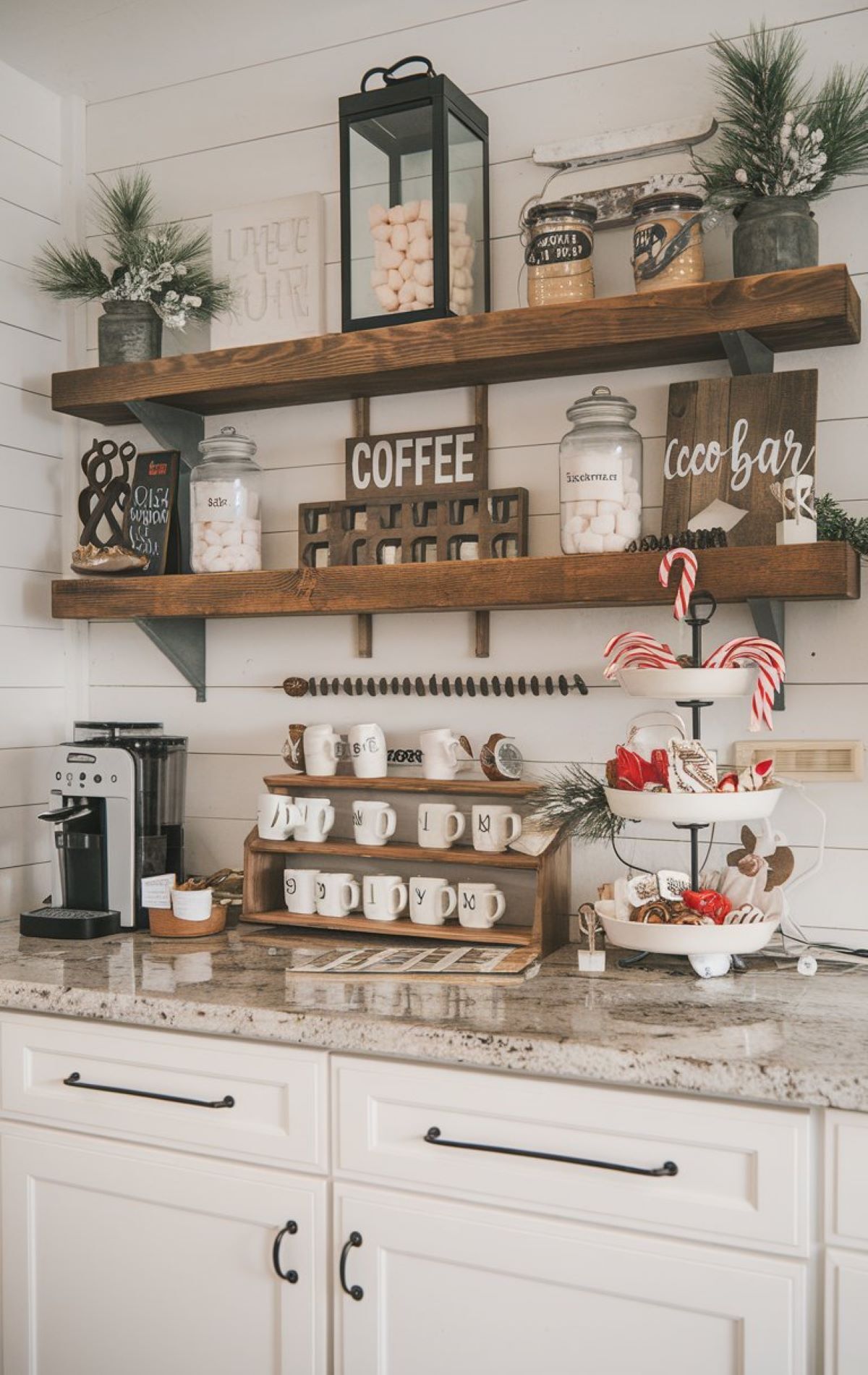 cozy and well organized coffee or hot cocoa station in a farmhouse kitchen