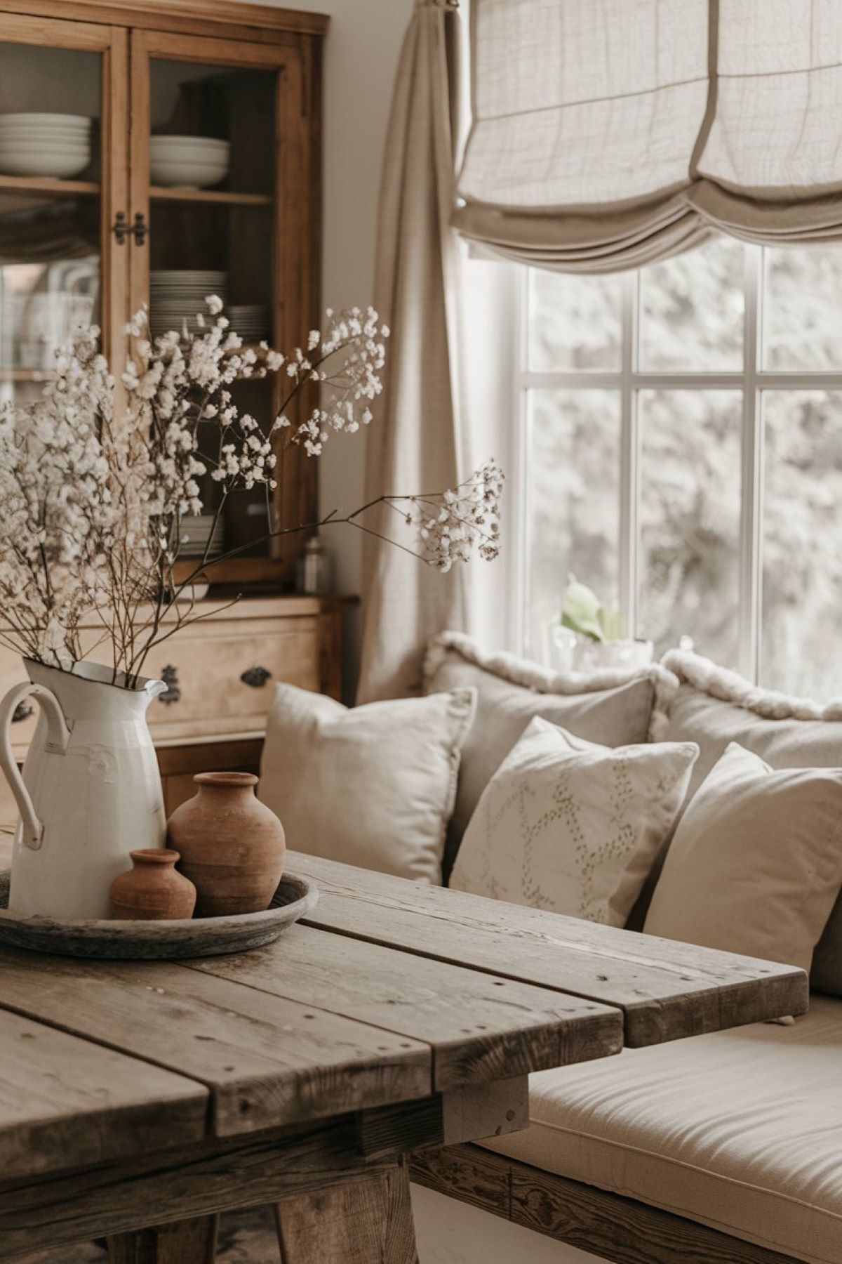 cozy breakfast nook of a farmhouse style kitchen