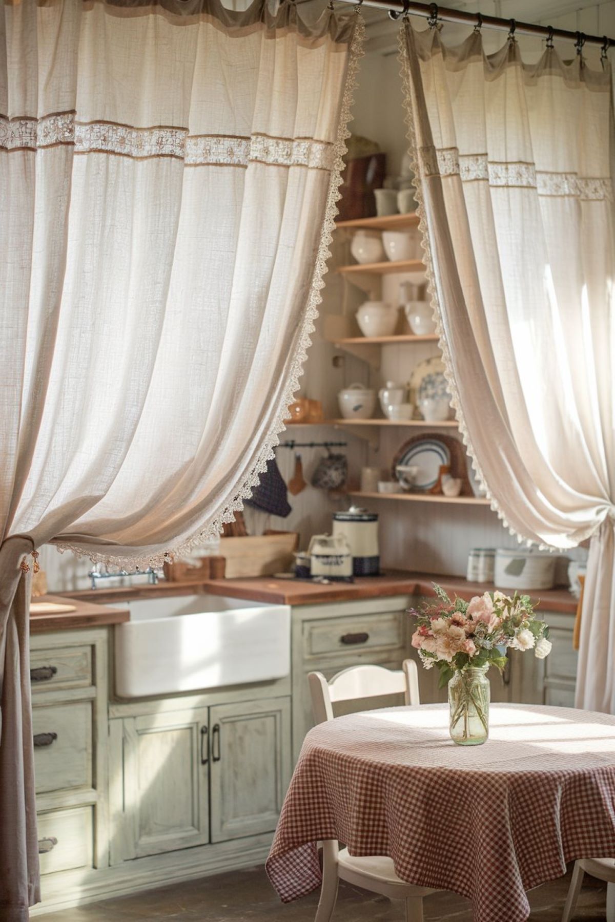 cozy farmhouse kitchen with soft white linen curtain design