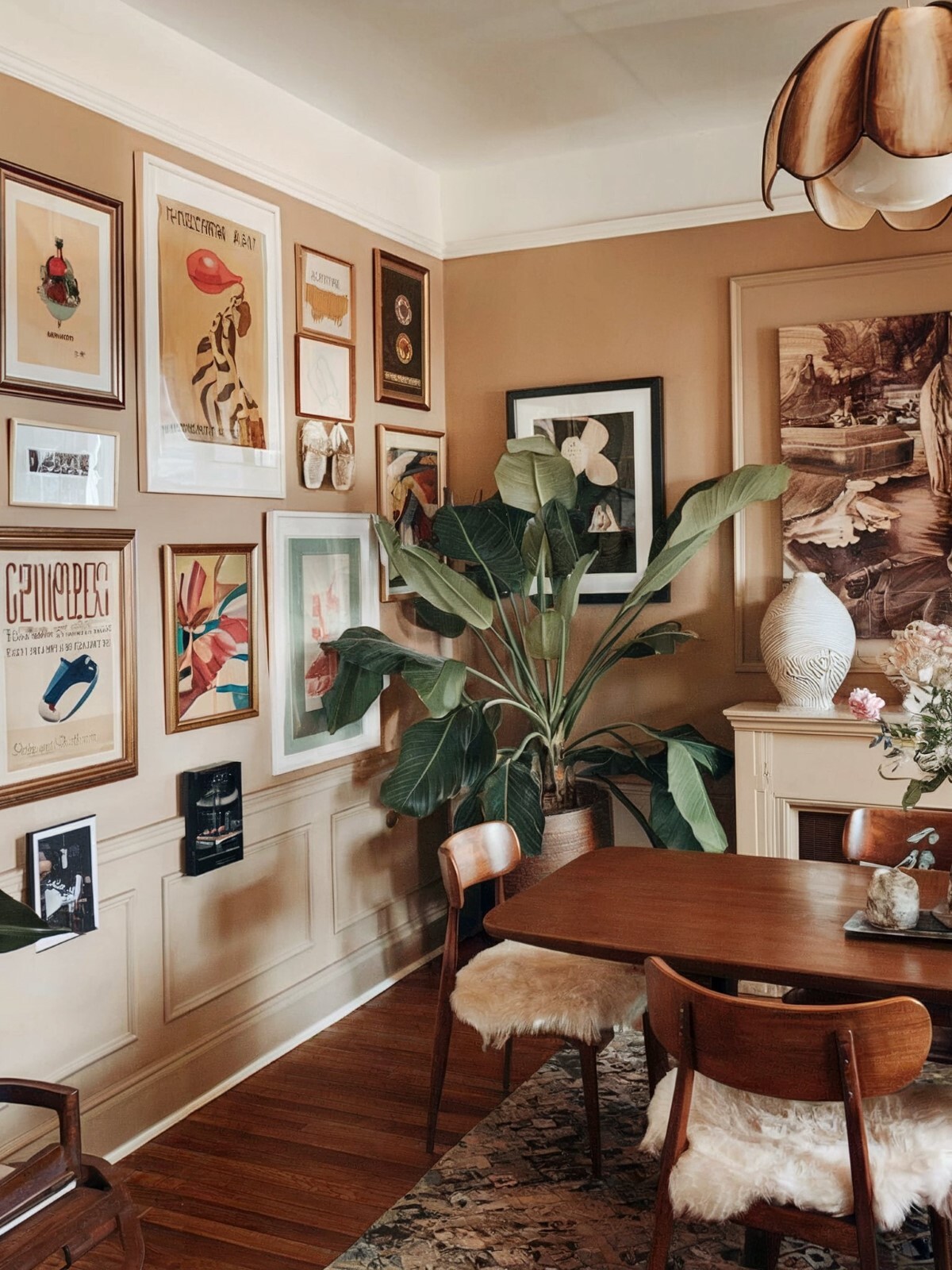 dining room wall decor minimalist rustic dining area with a warm color palette, beige walls and wooden flooring