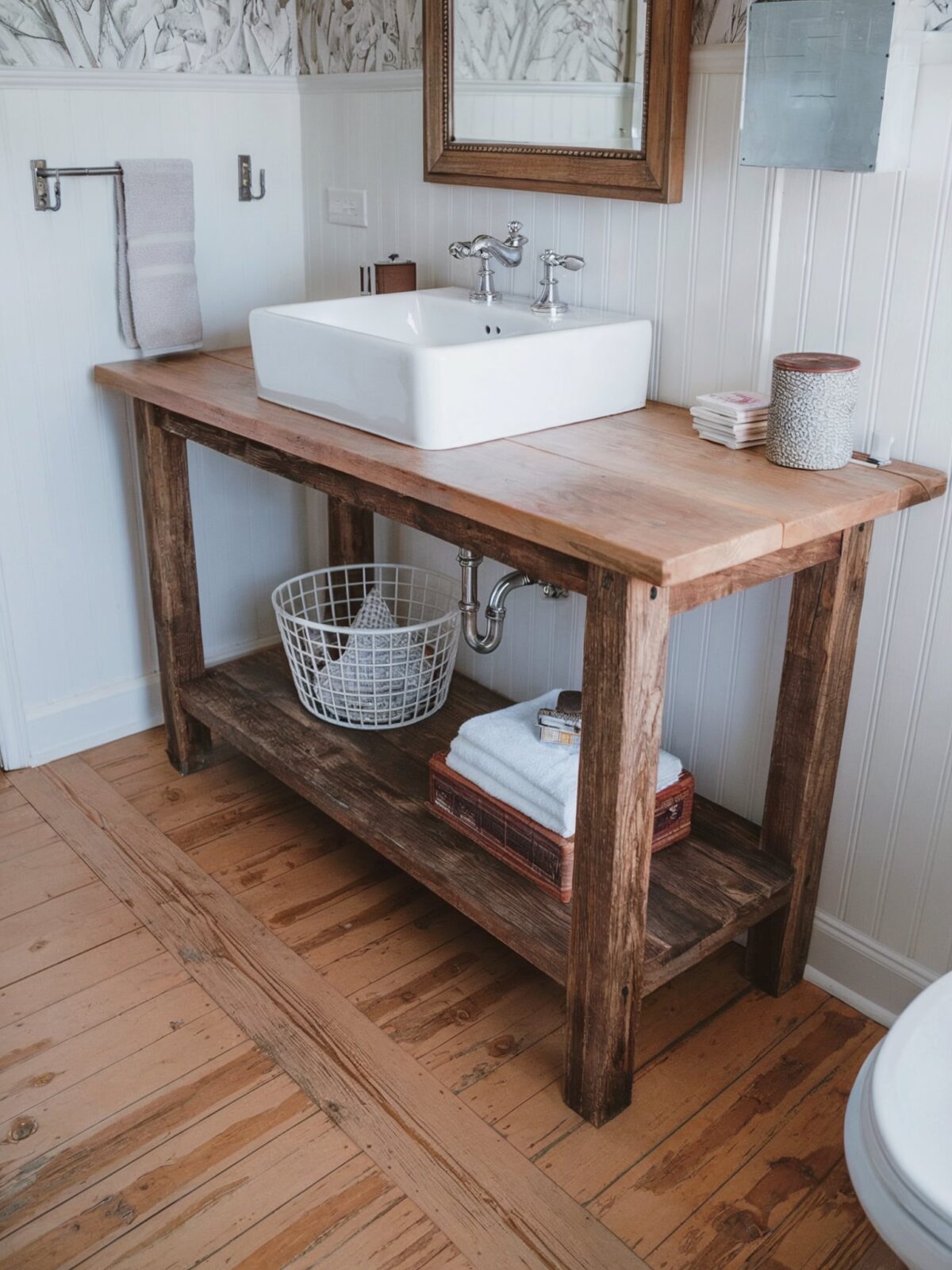diy rustic farmhouse bathroom vanity a wooden vanity table, holding a square white sink
