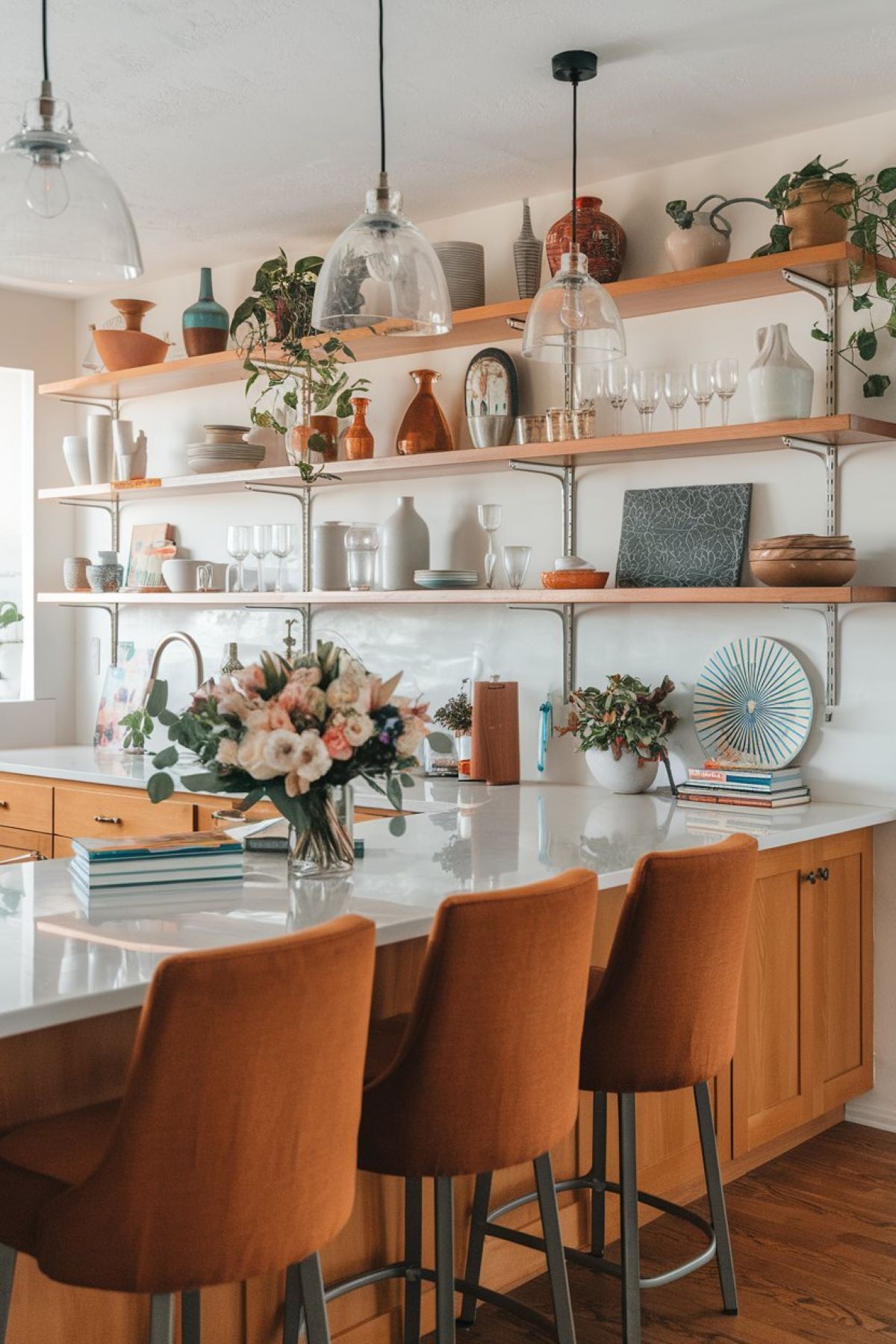 eclectic colorful kitchen with open wooden shelves1