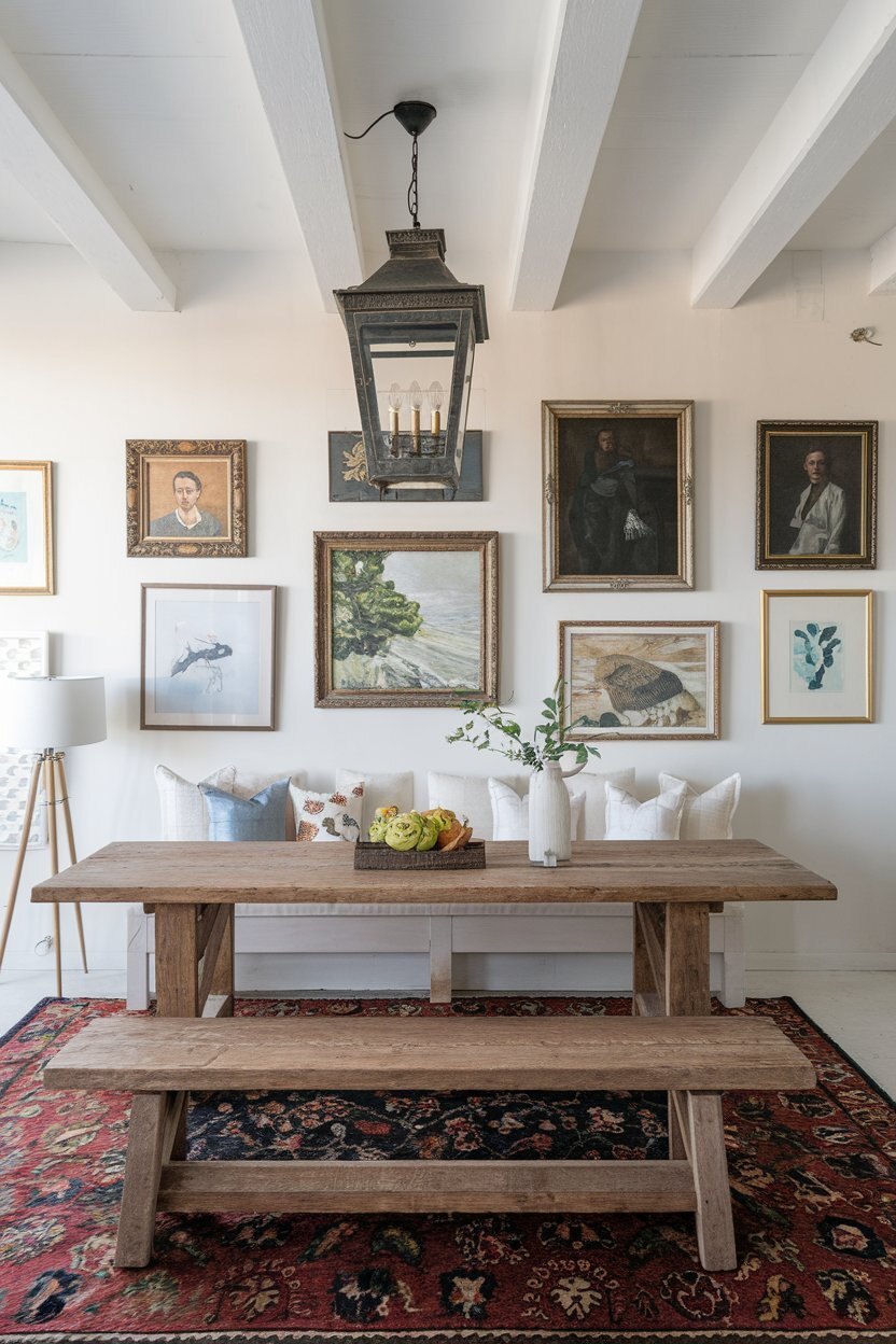 eclectic dining room gallery wall rustic wooden table white wall
