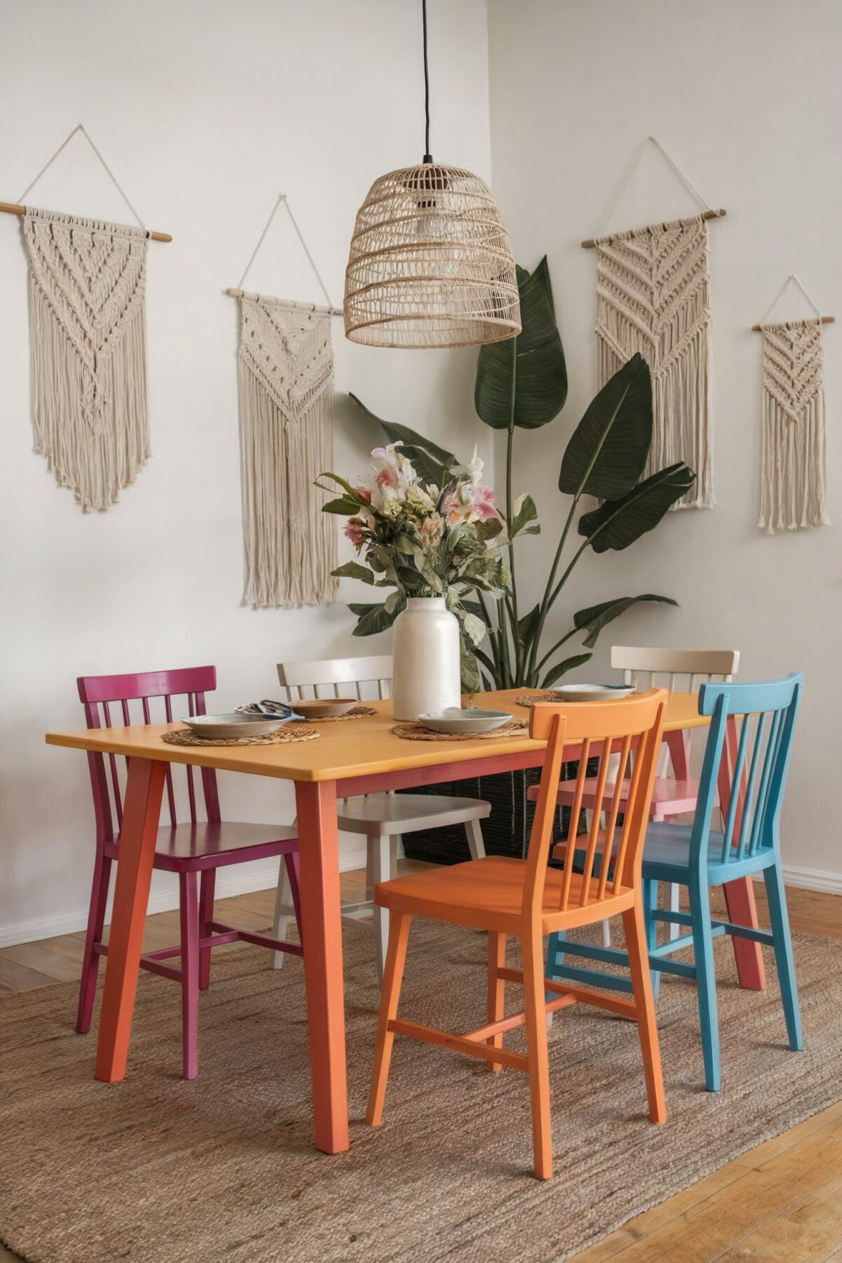 eclectic dining room ideas boho colorful table and chair white wall plants