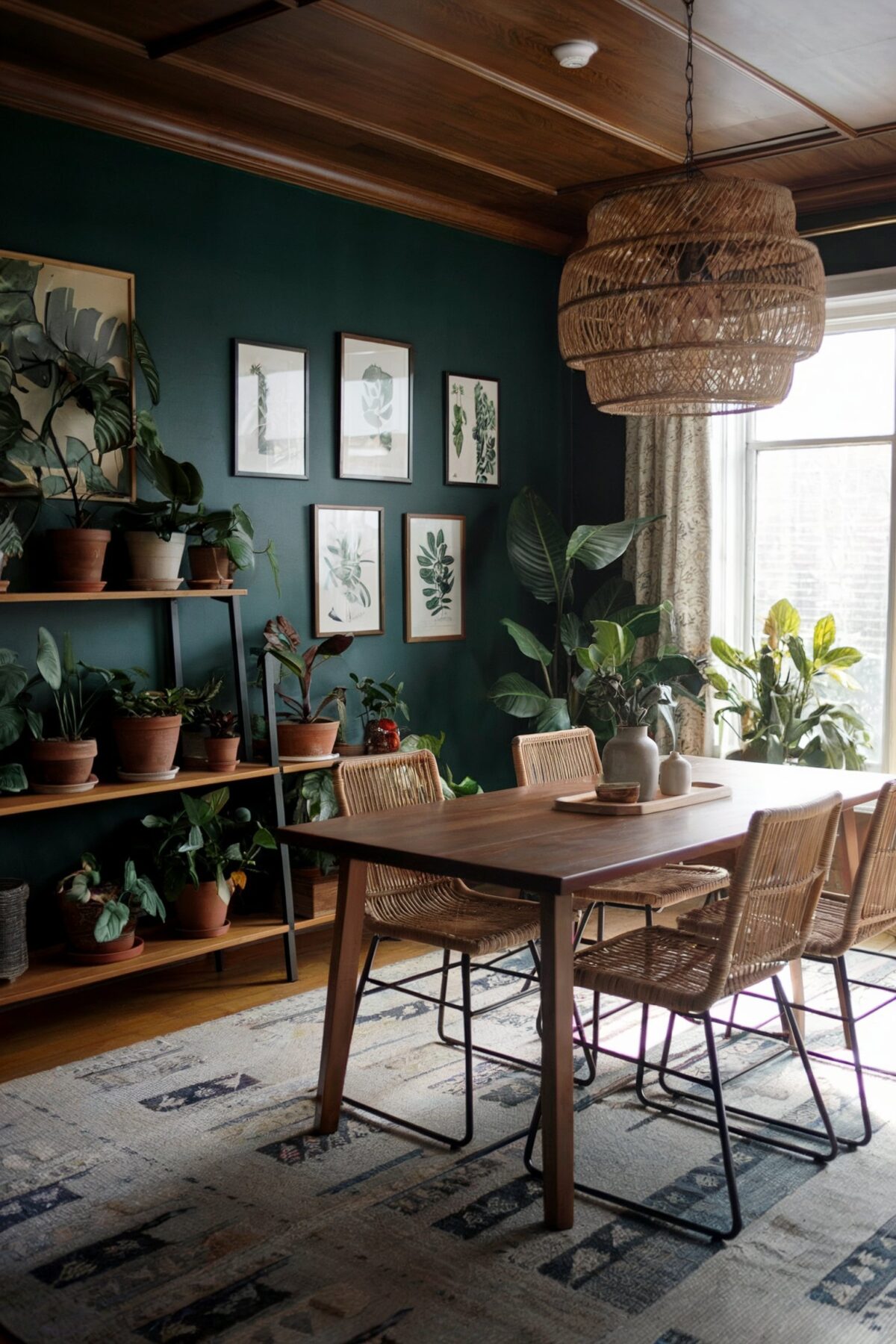 eclectic dining room ideas boho dark brown table green wall plants