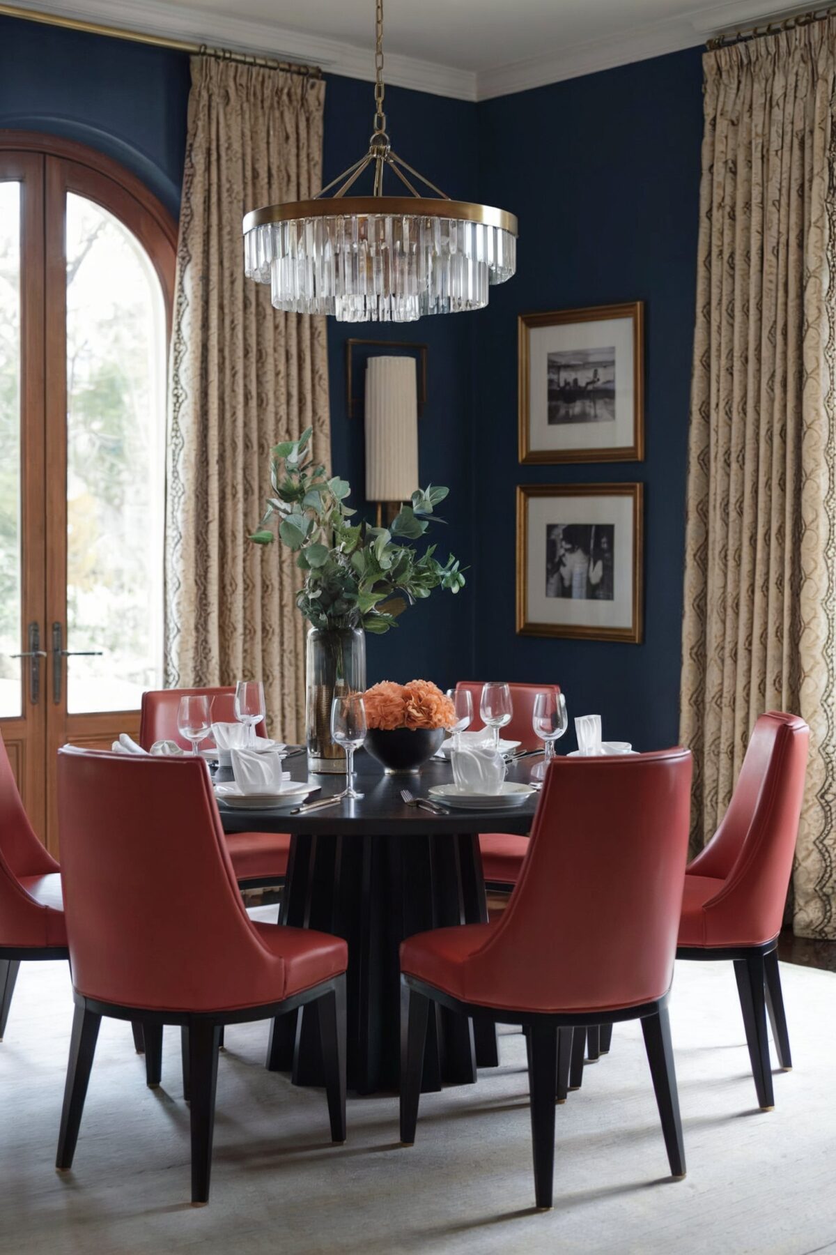eclectic dining room ideas vintage deep blue accent wall rustic chairs black table