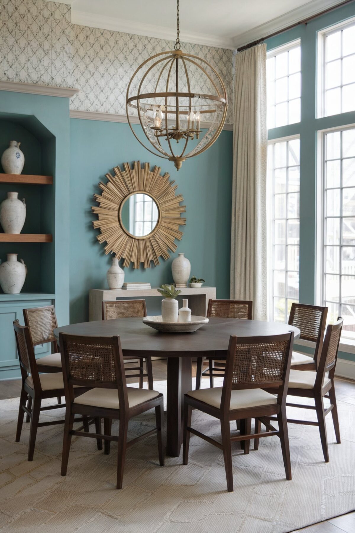 eclectic dining room window ideas brown chair brown table pastel blue wall