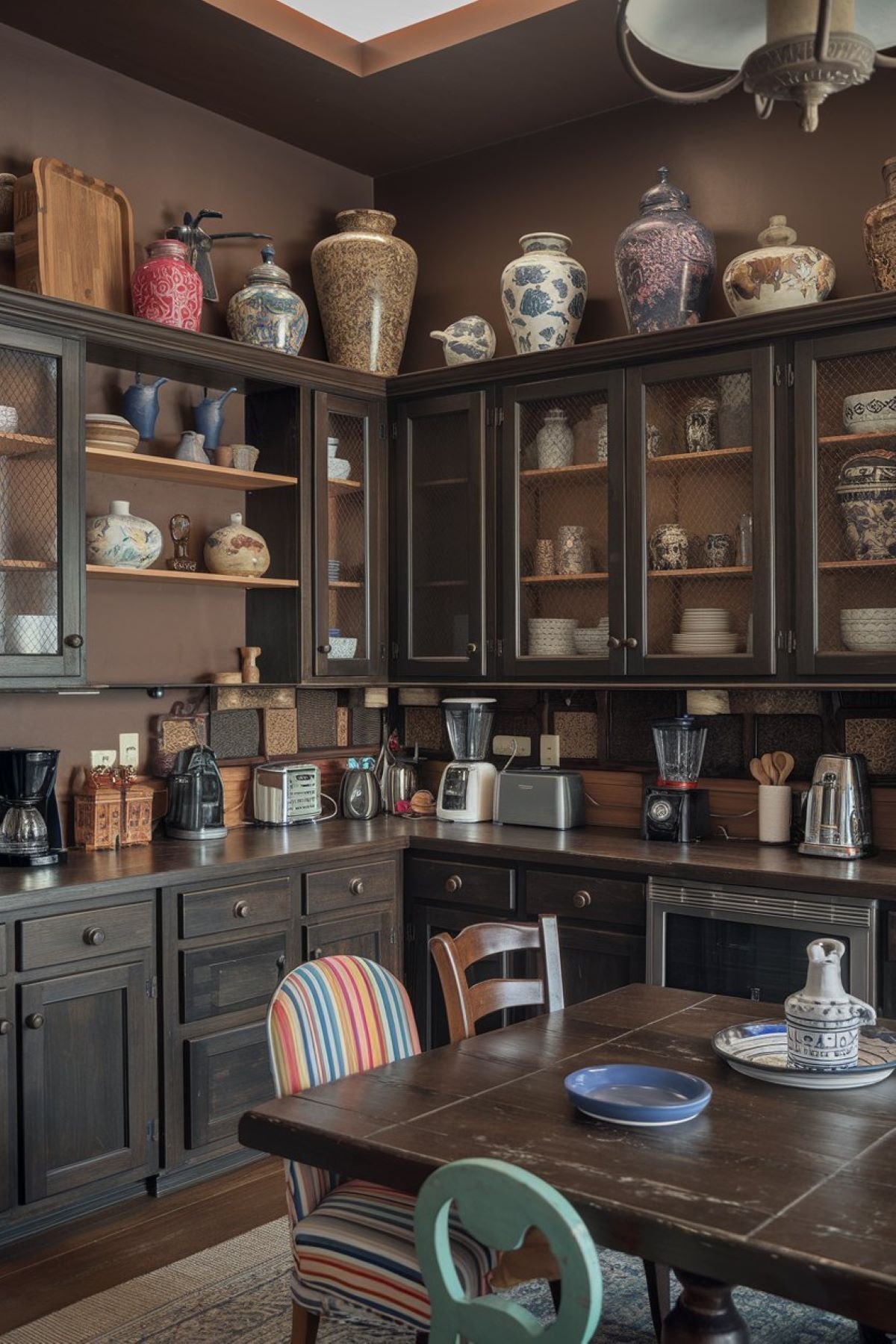 eclectic kitchen with dark brown hues1