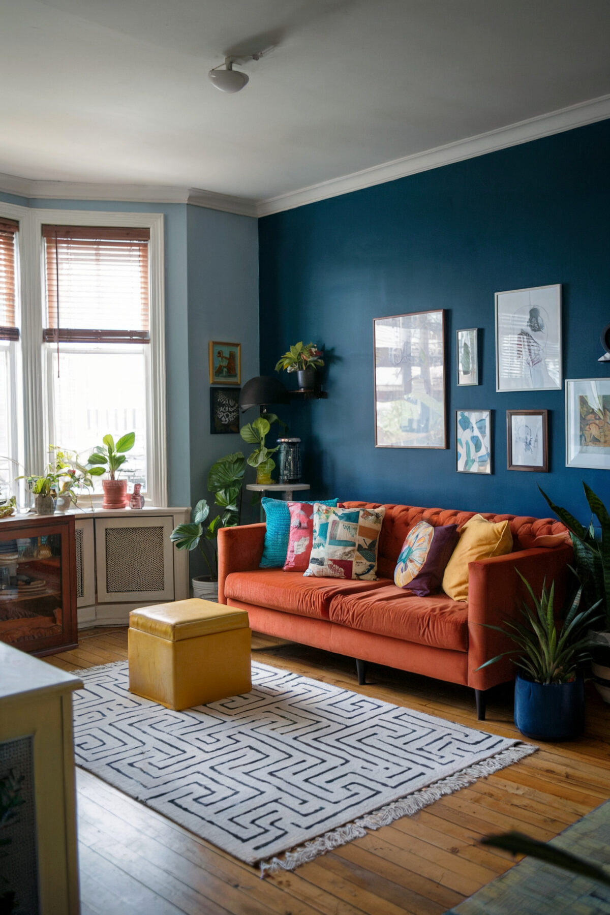 eclectic living room blue accent wall vibrant colors