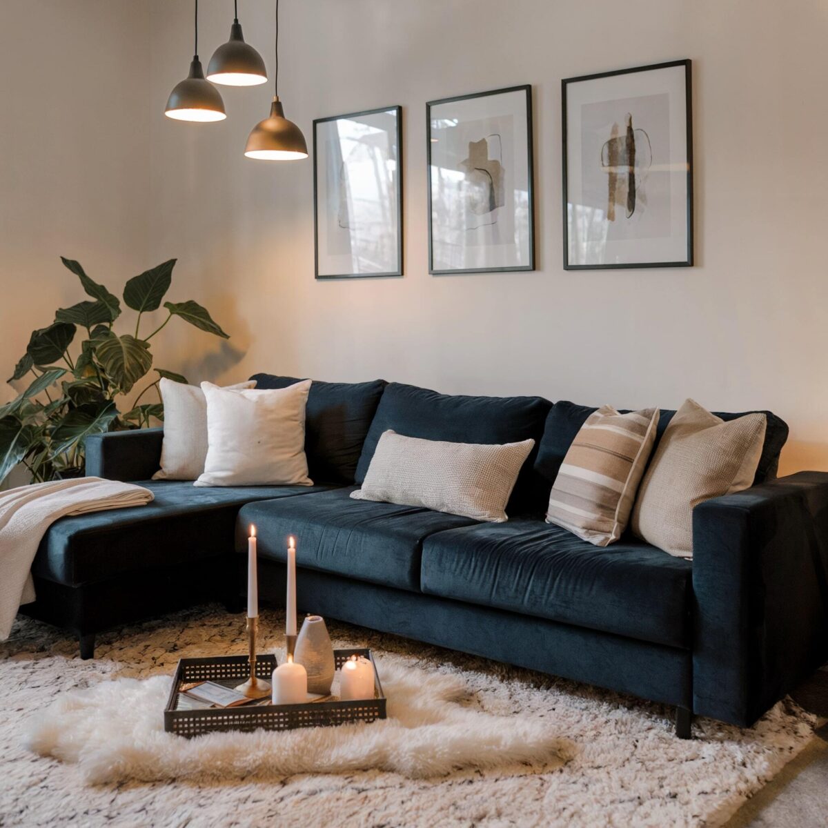 eclectic living room blue couch cozy white carpet white walls