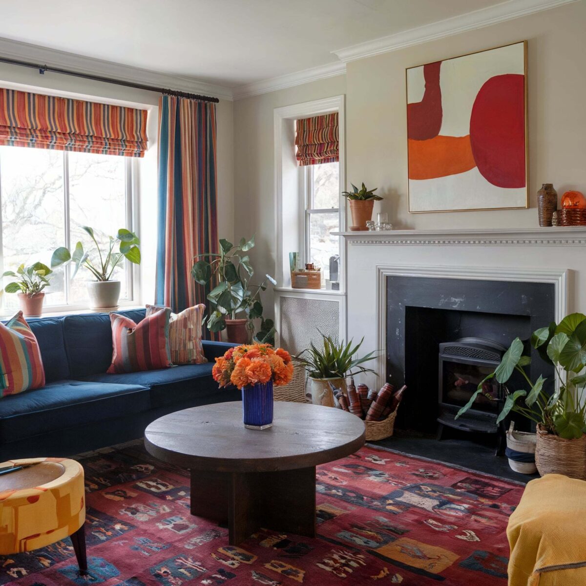 eclectic living room blue couch red orange theme