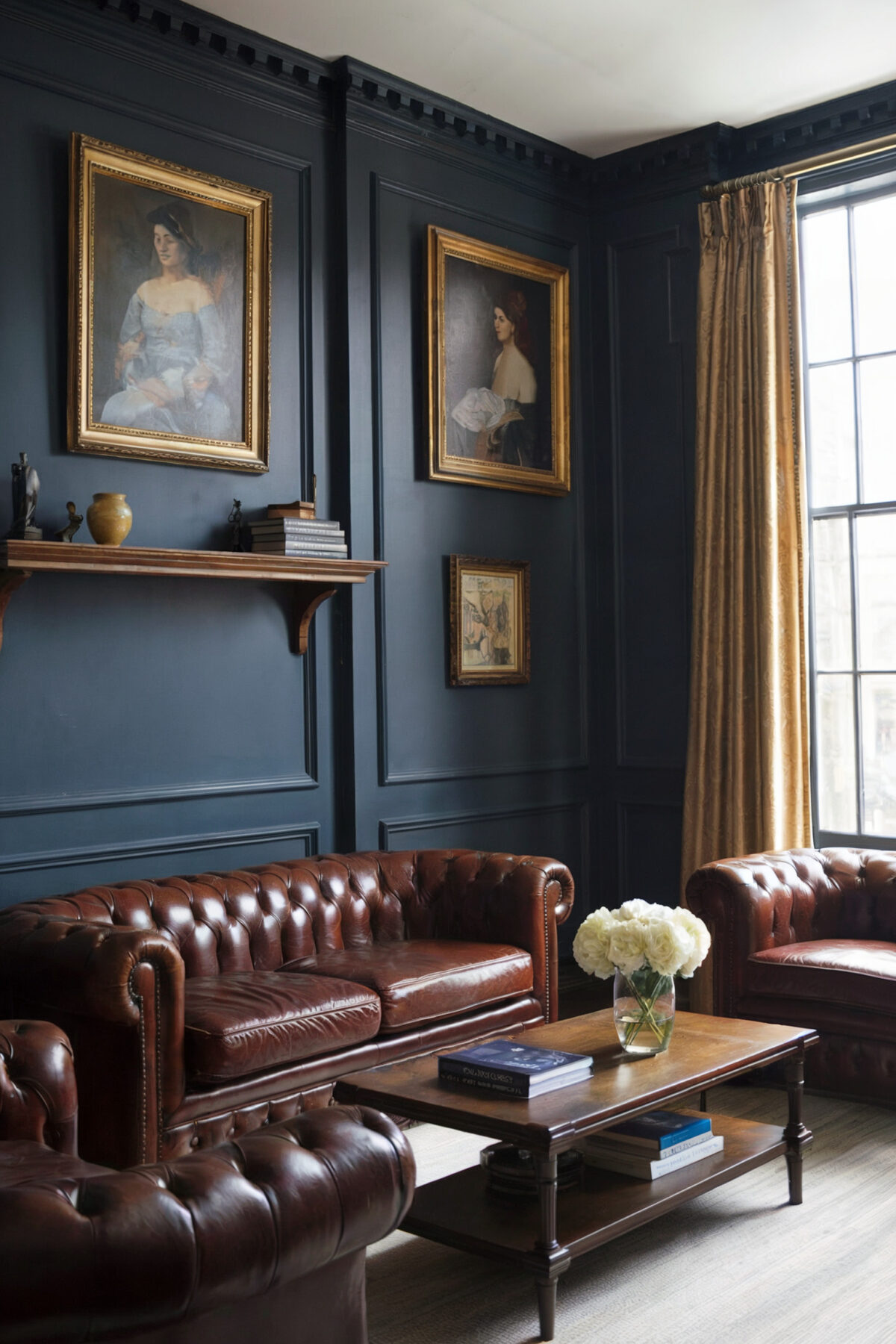 eclectic living room decor dark theme blue walls brown couch