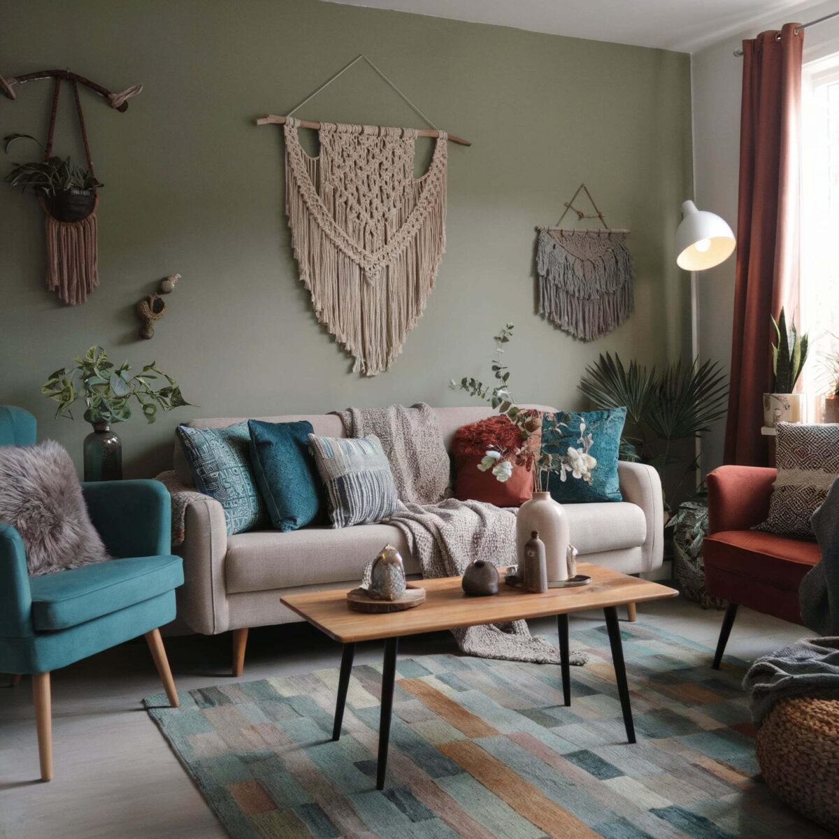 eclectic living room design sage green wall