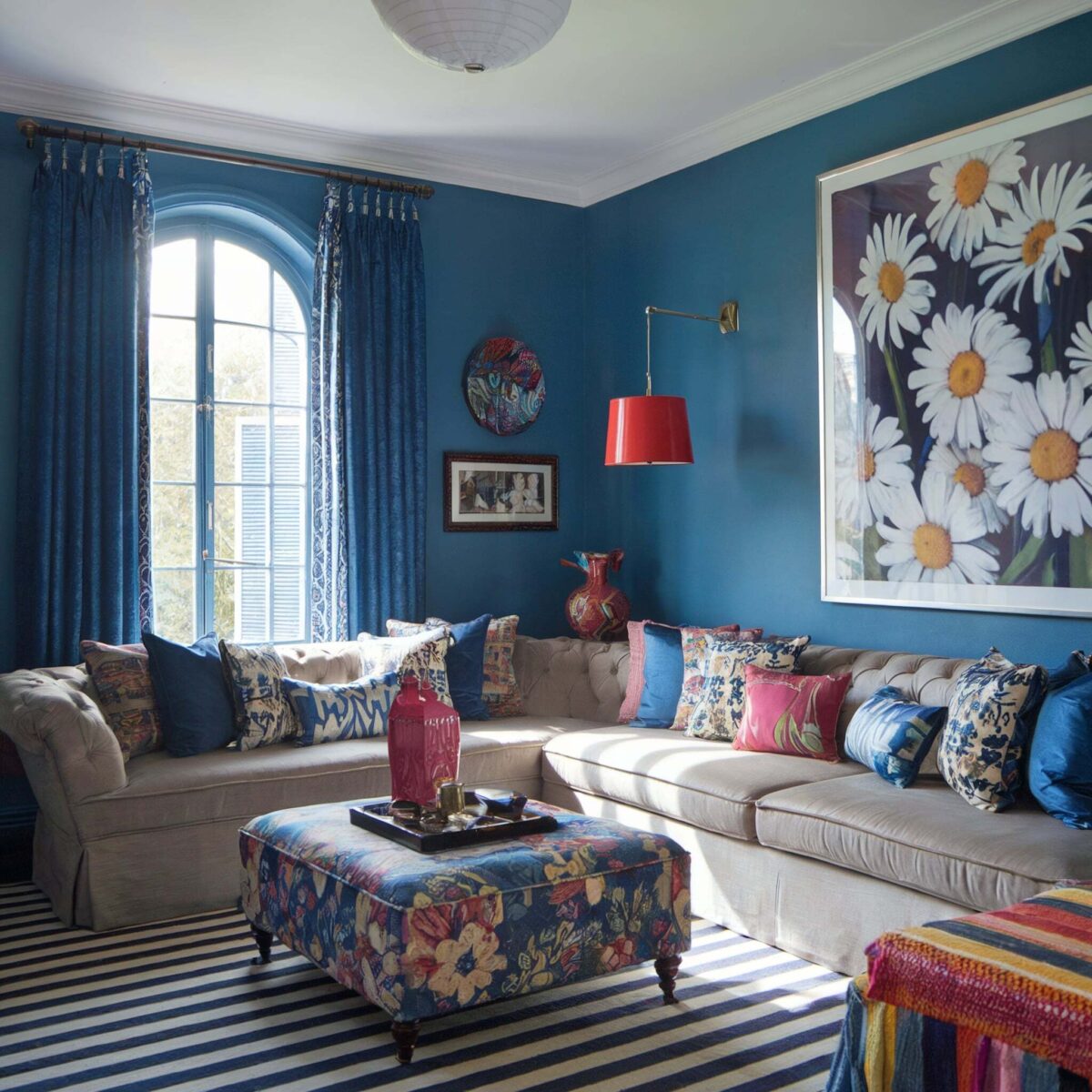 eclectic living room dominant blue walls vibrant theme