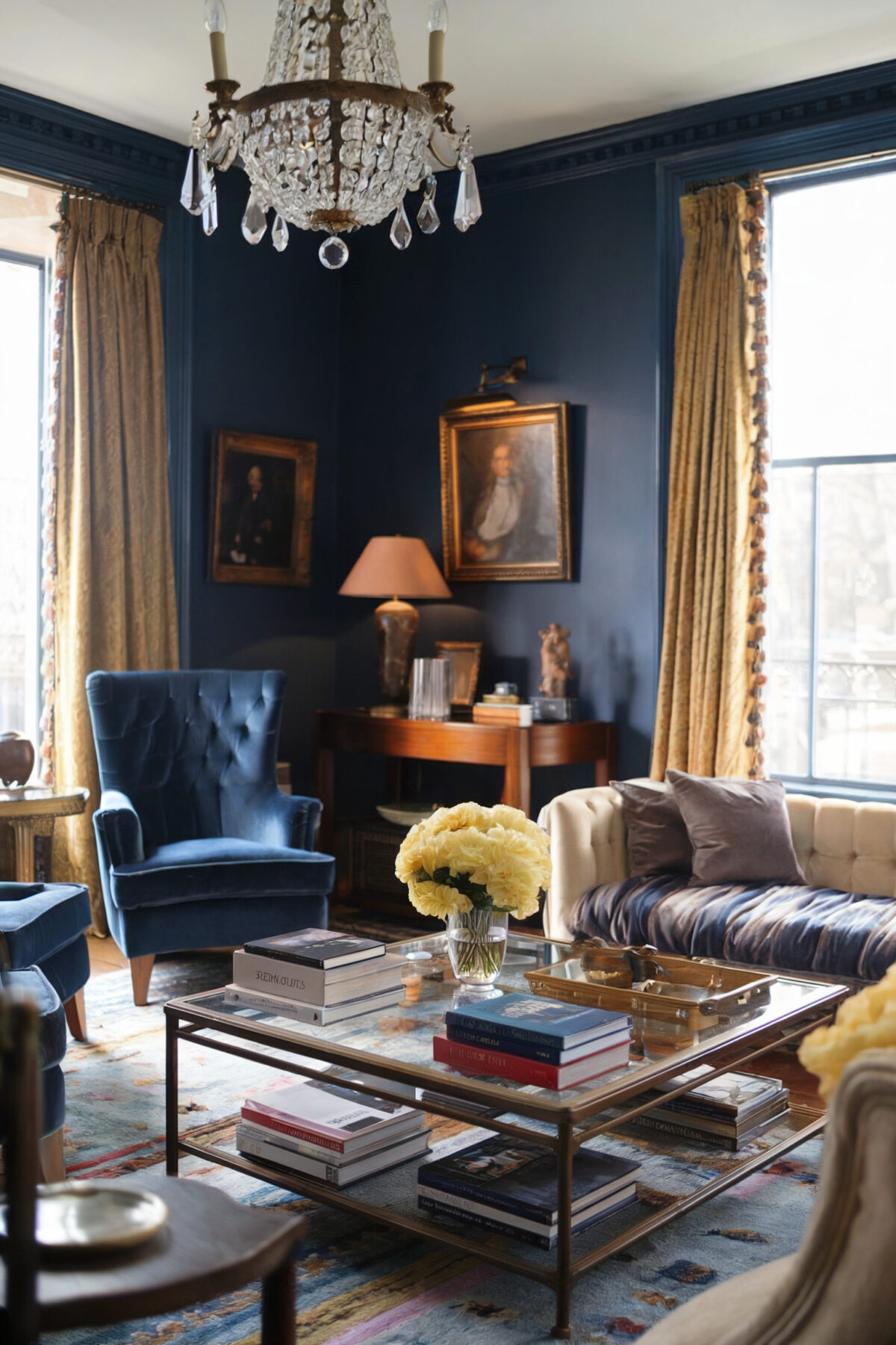 eclectic living room ideas vintage blue walls blue chair yellow curtains